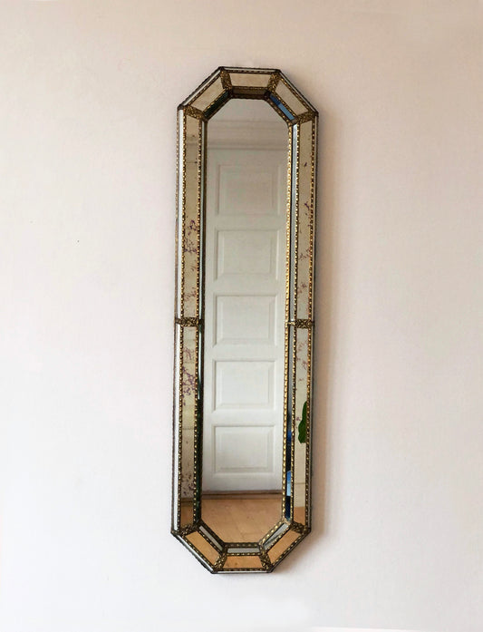 Large Vintage Venetian Full Length Brass Mirror – Gold Hollywood Regency, Spanish 1990s