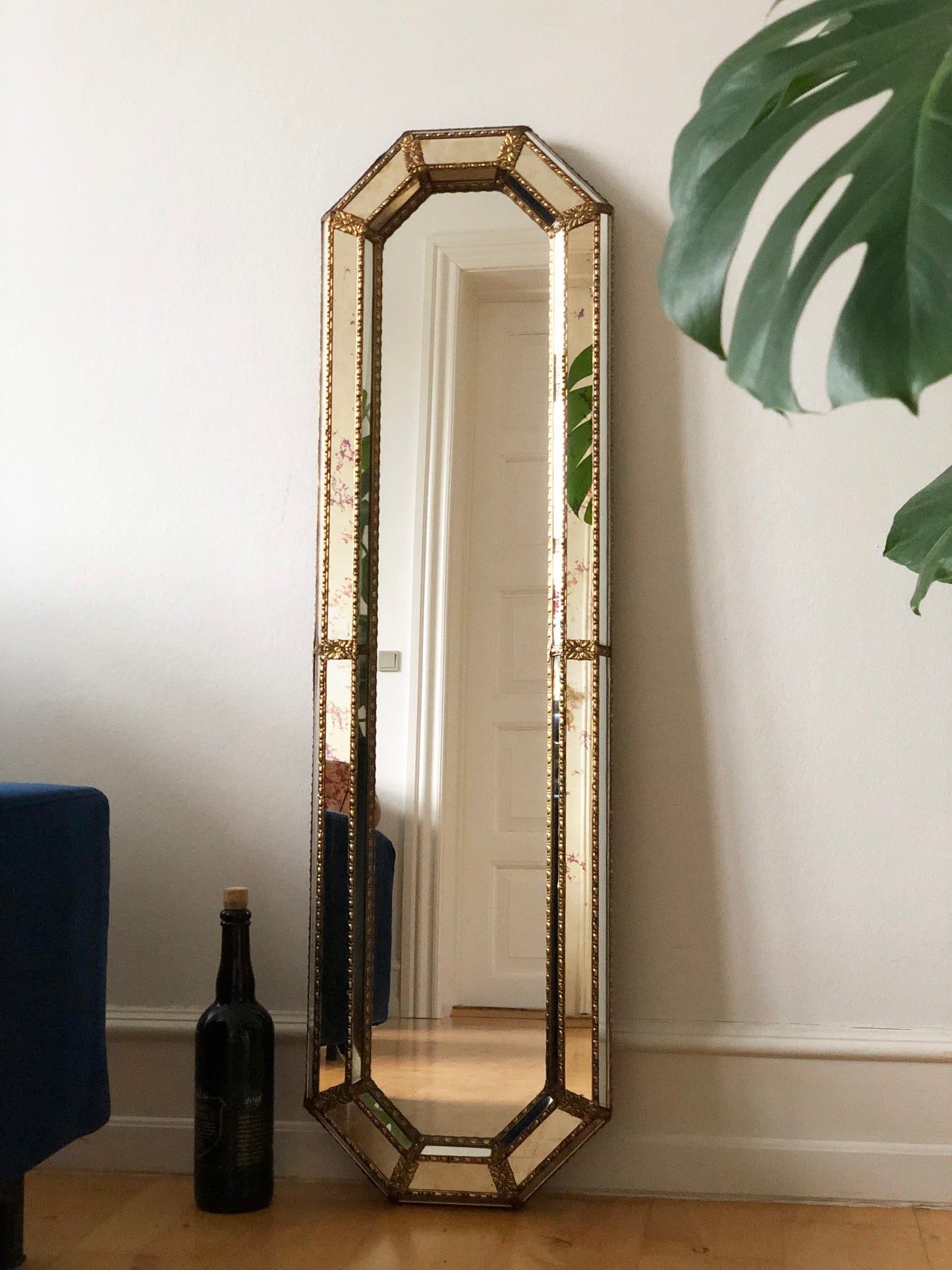 Large Vintage Venetian Full Length Brass Mirror – Gold Hollywood Regency, Spanish 1990s