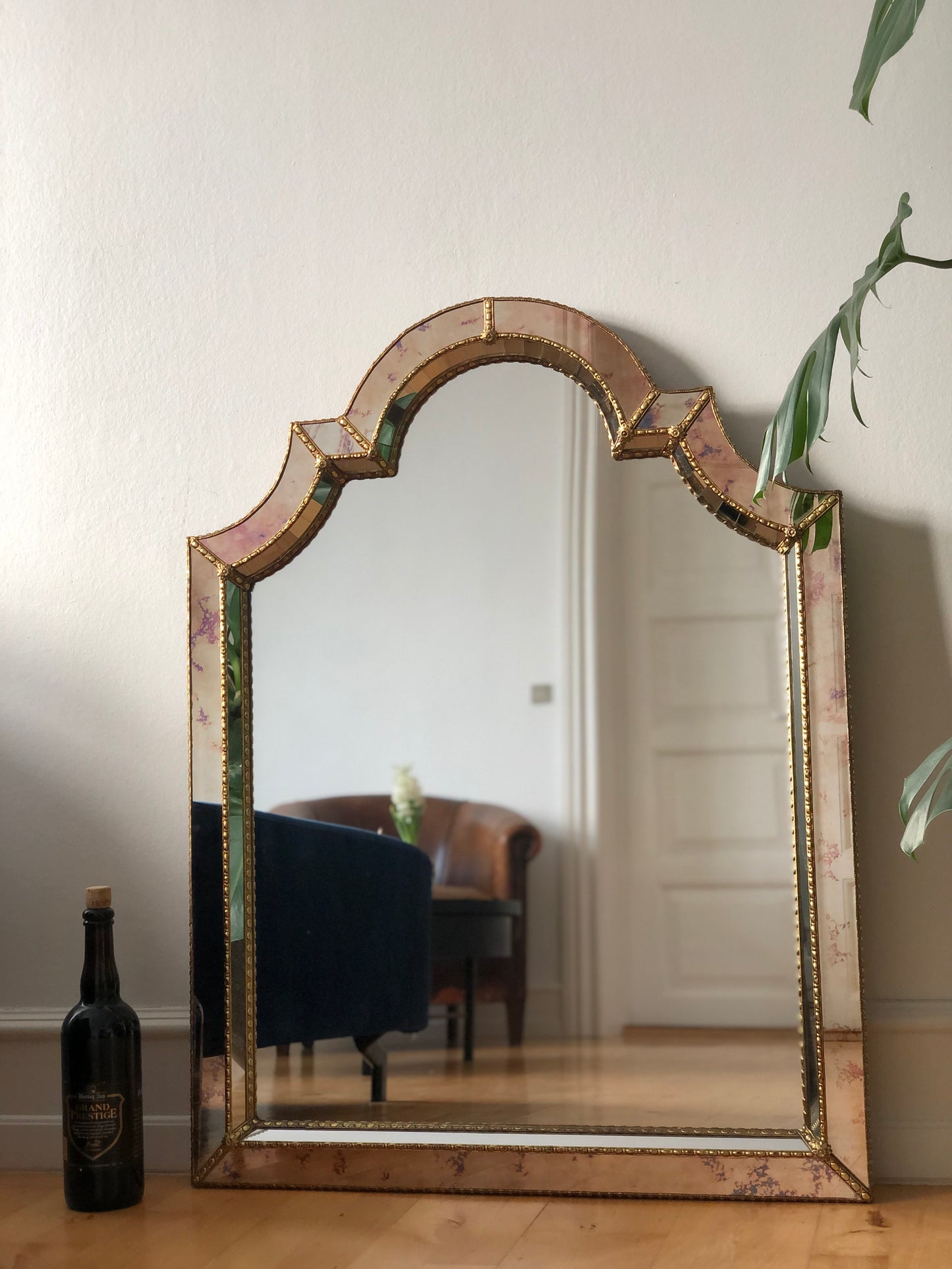 Large Vintage Venetian Brass Mirror – Gold Hollywood Regency, Spanish 1990s