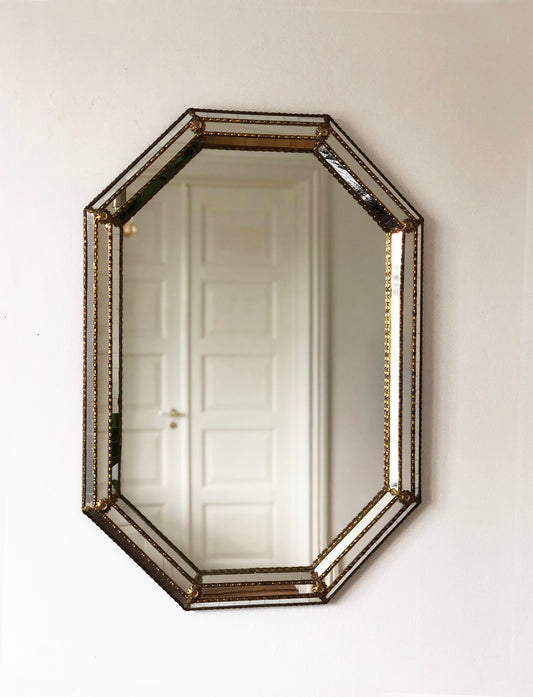 Large Vintage Venetian Octagonal Mirror Hollywood Regency in Gold Spain 1990s
