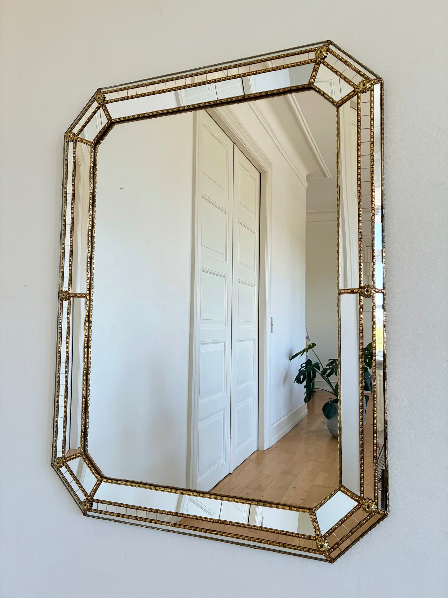 Large Vintage Venetian Rectangular Brass Mirror – Gold Hollywood Regency, Spanish 1990s