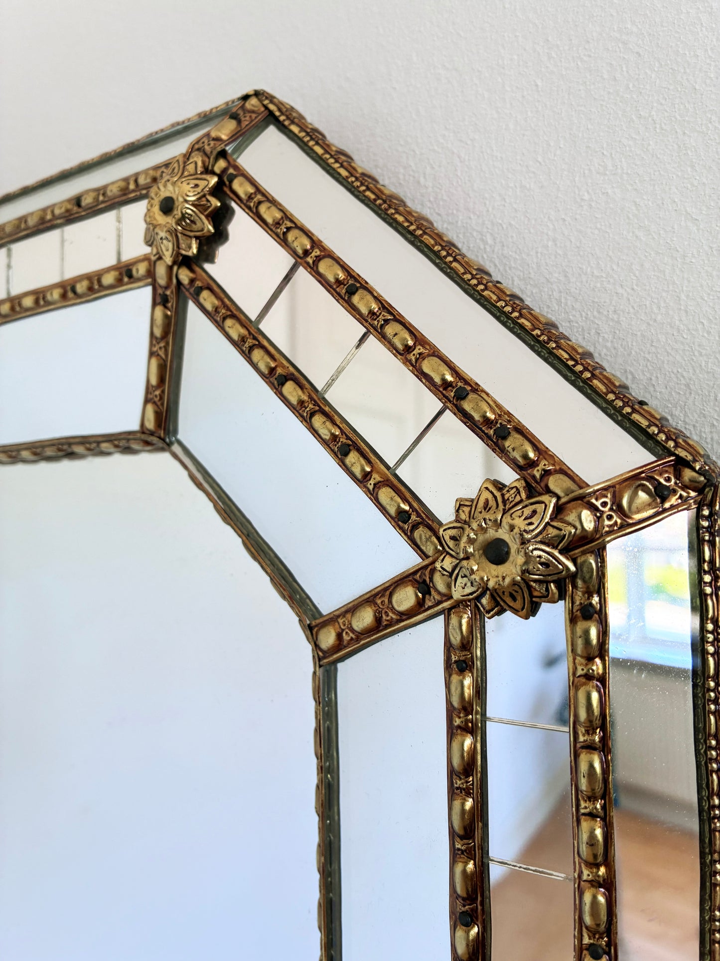 Large Vintage Venetian Rectangular Brass Mirror – Gold Hollywood Regency, Spanish 1990s