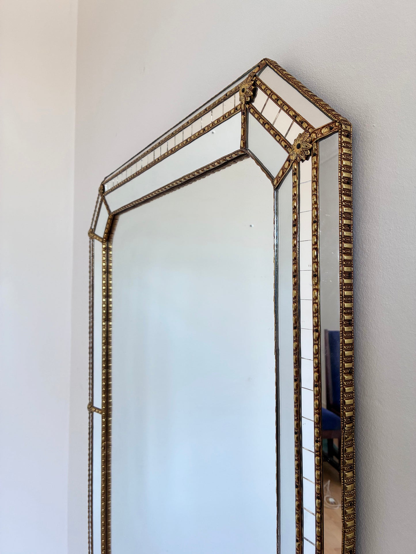 Large Vintage Venetian Rectangular Brass Mirror – Gold Hollywood Regency, Spanish 1990s