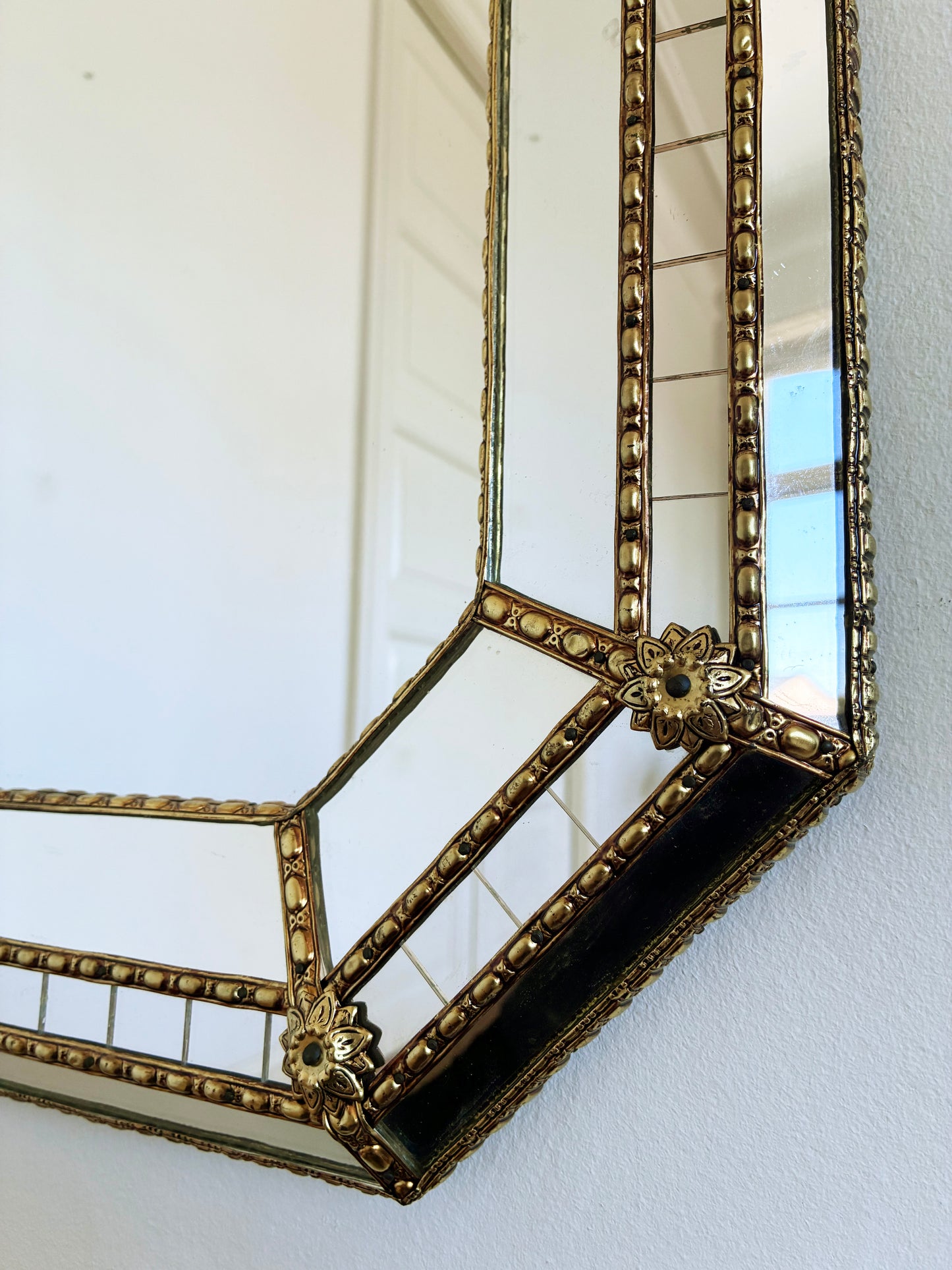 Large Vintage Venetian Rectangular Brass Mirror – Gold Hollywood Regency, Spanish 1990s