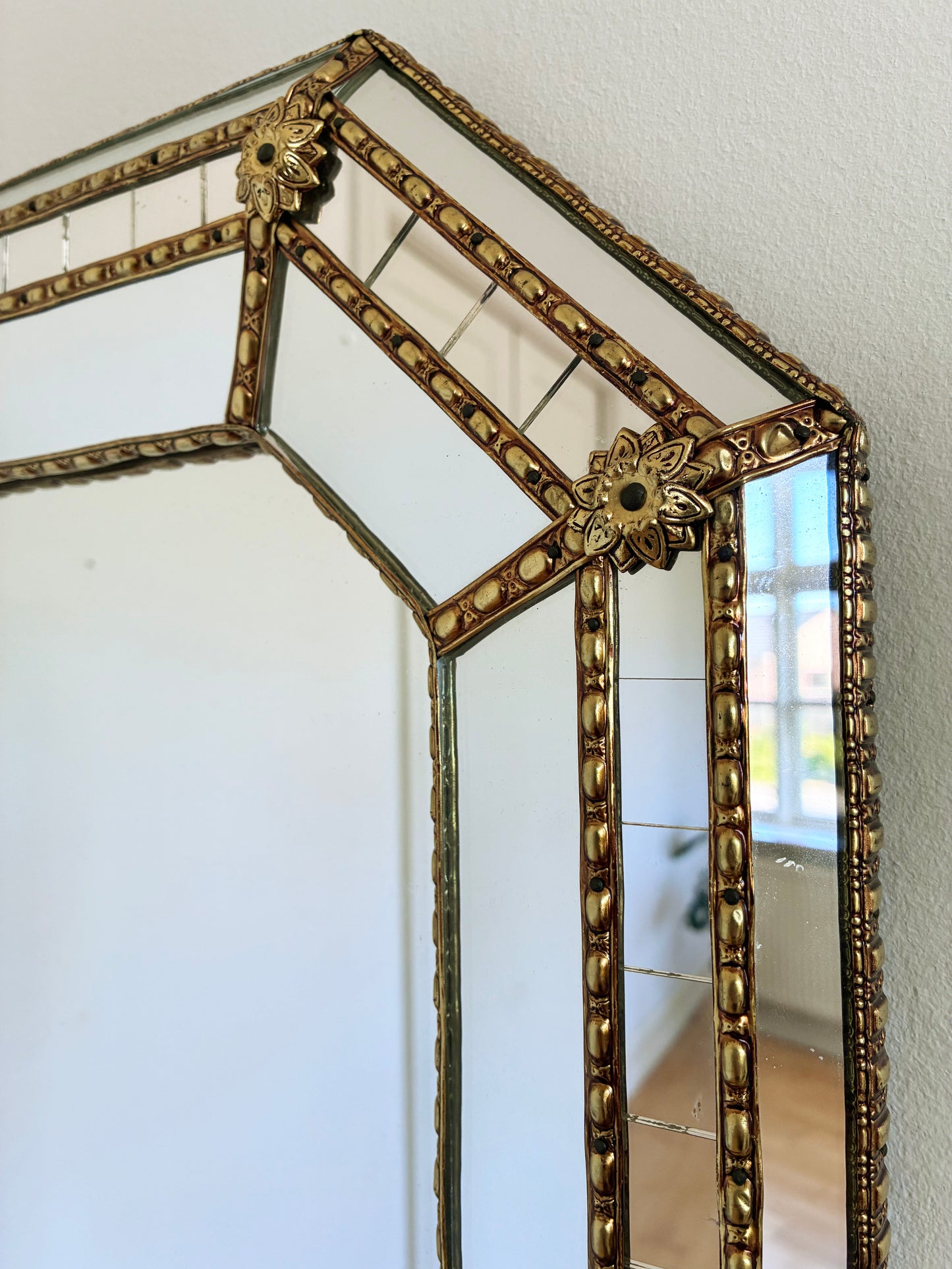 Large Vintage Venetian Rectangular Brass Mirror – Gold Hollywood Regency, Spanish 1990s