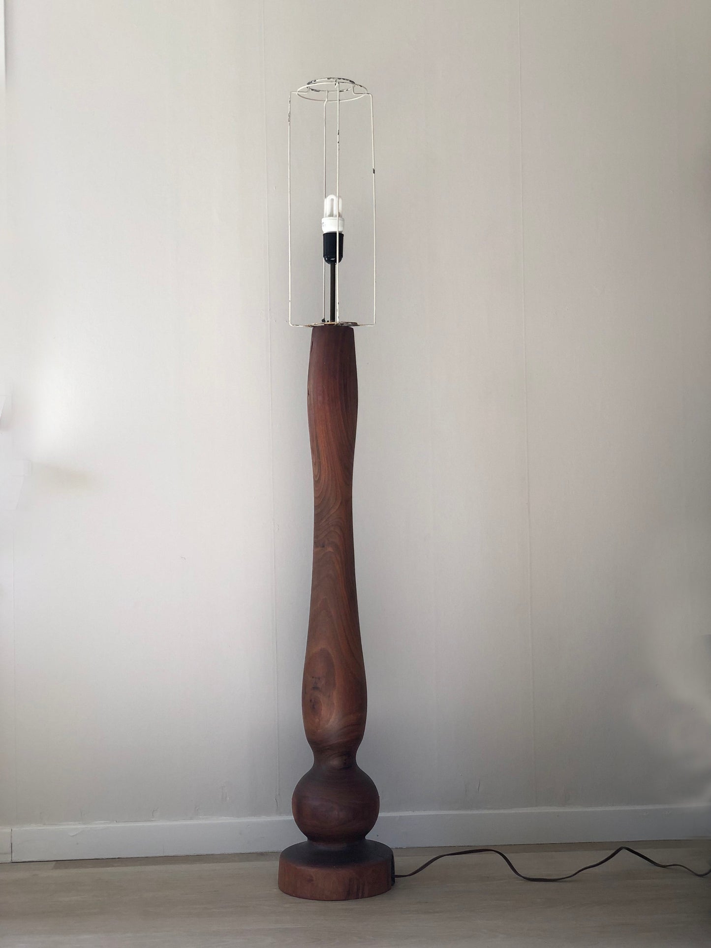 Large Vintage Carved Tree Trunk Floor Lamp with Linen Shade 1972