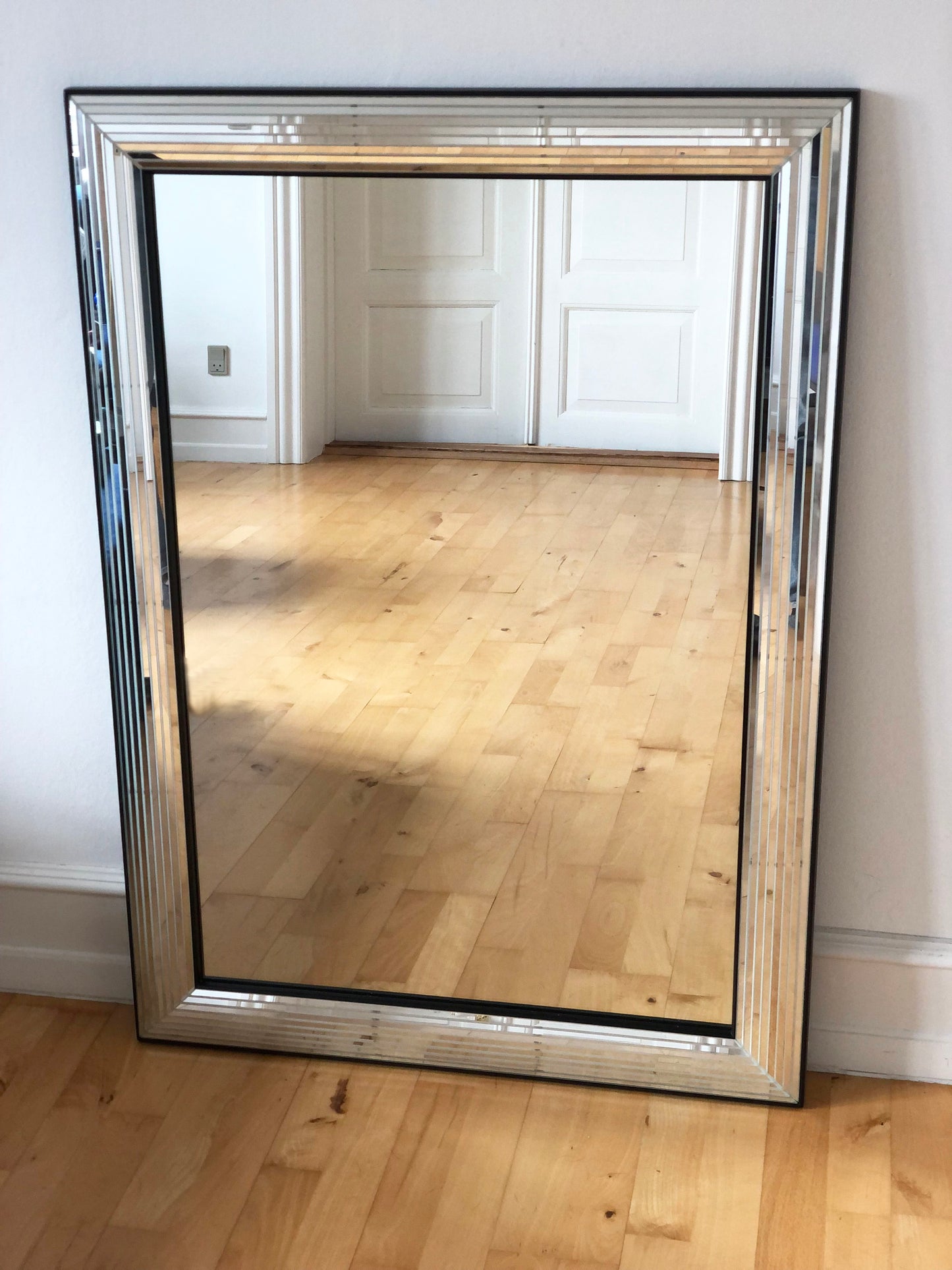 Large Vintage Deknudt Rectangular Mirror in Silver and Black Belgium 1980s