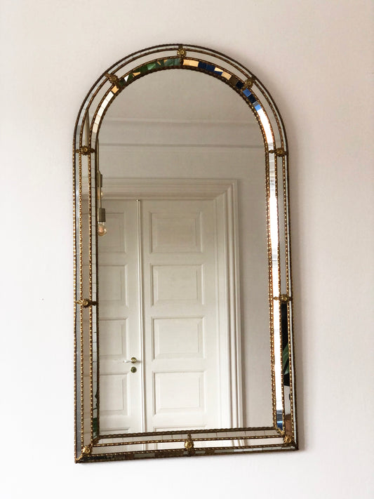 Large Vintage Venetian Brass Mirror – Gold Hollywood Regency, Spanish 1990s