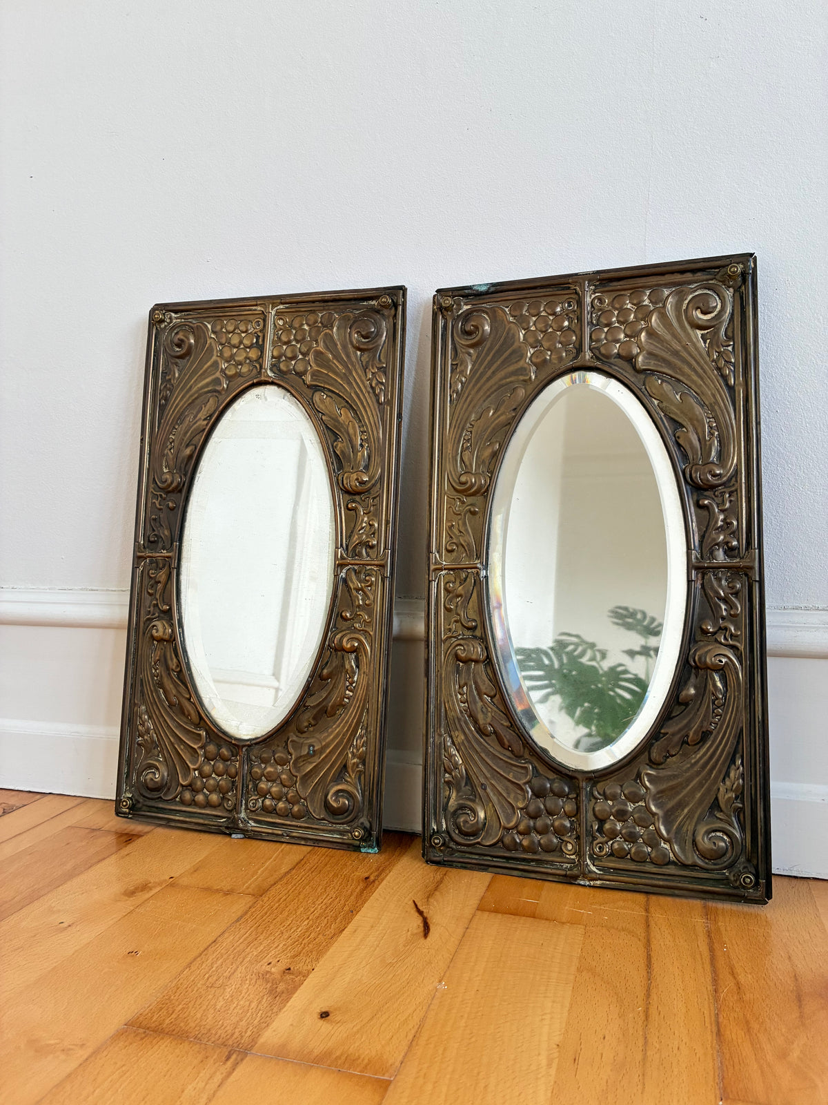 Pair of Antique German Jugendstil Brass Wall Mirrors, Early 20th Century
