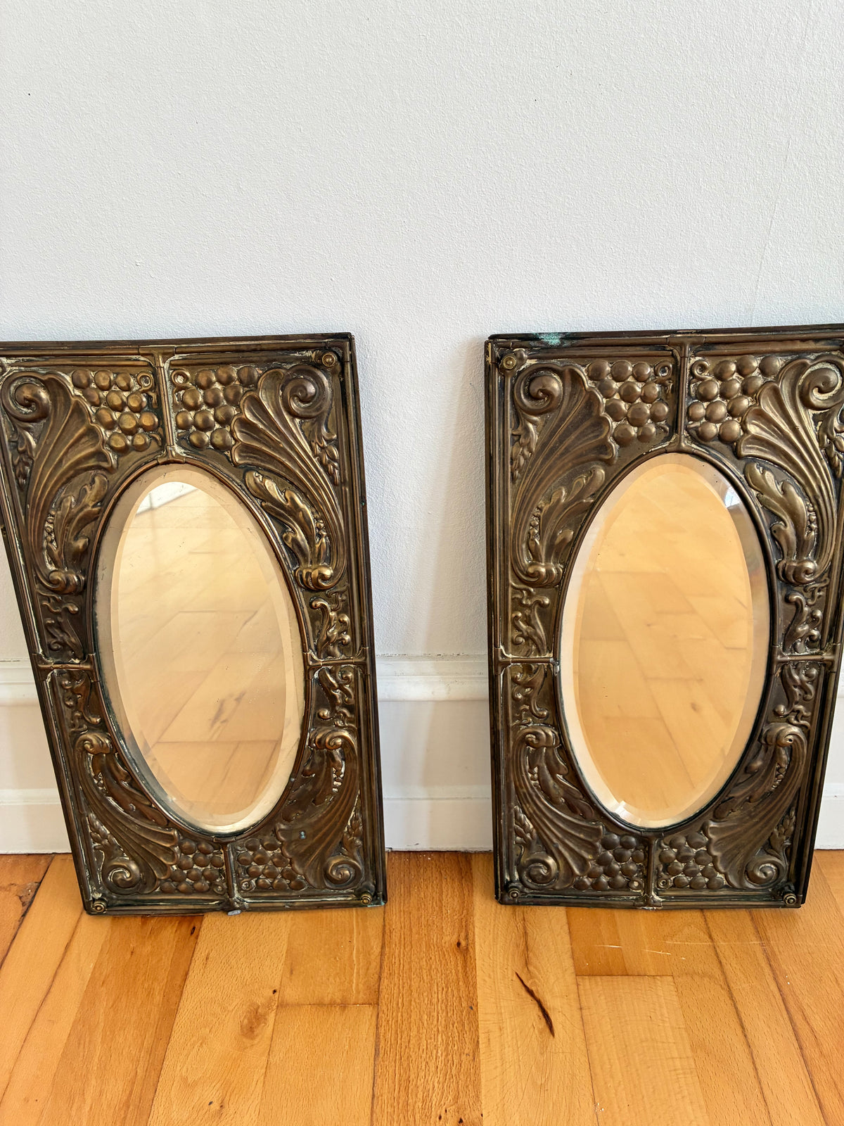 Pair of Antique German Jugendstil Brass Wall Mirrors, Early 20th Century