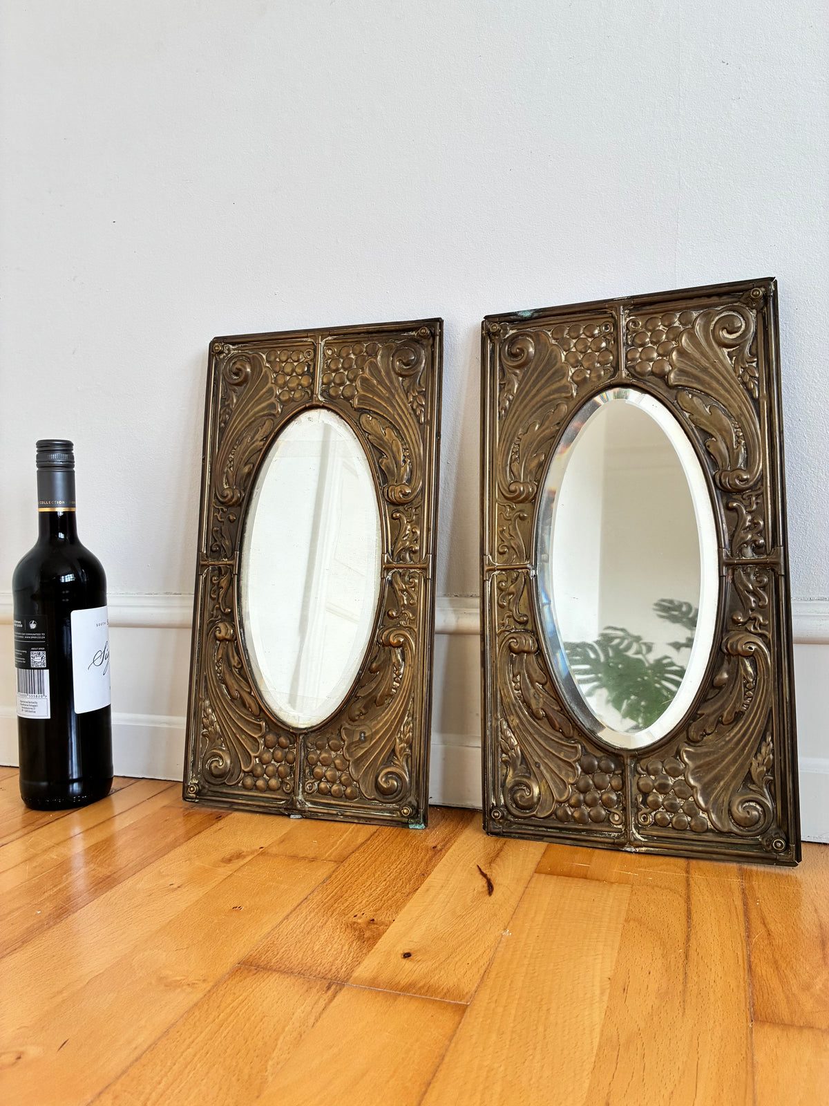 Pair of Antique German Jugendstil Brass Wall Mirrors, Early 20th Century