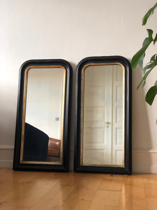 Pair of Antique Louis Philippe Full Length Large French Mirrors in Black and Gold Late 19th Century