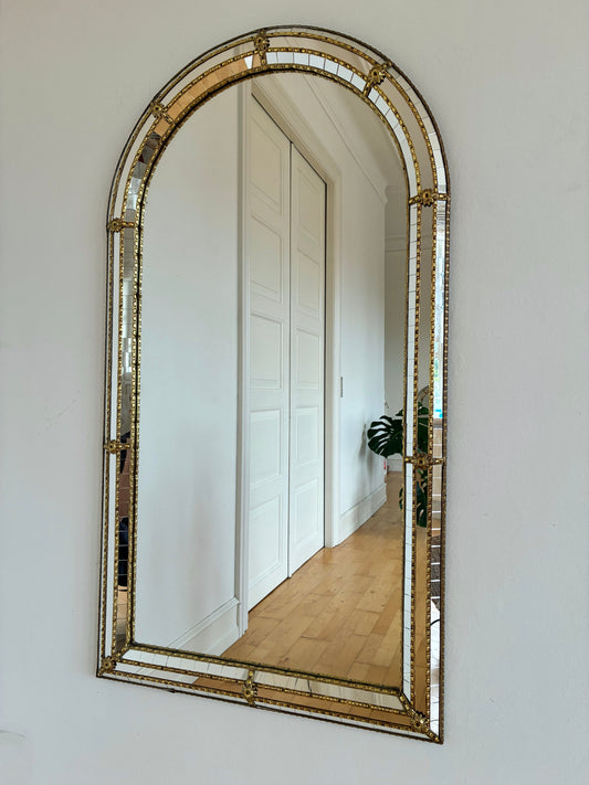 Large Vintage Spanish Venetian-Style Wall Mirror, Brass, 1980s Hollywood Regency