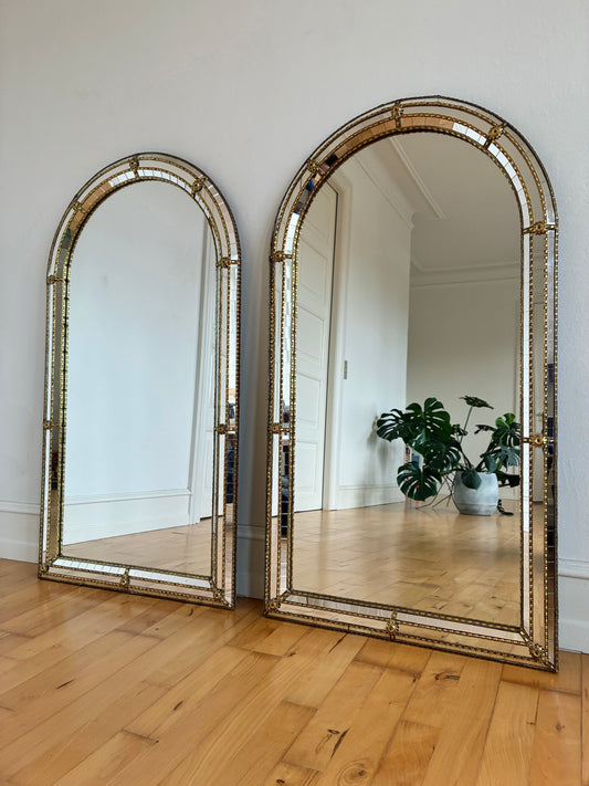 Pair of Large Vintage Spanish Venetian-Style Wall Mirrors, Brass, 1980s Hollywood Regency
