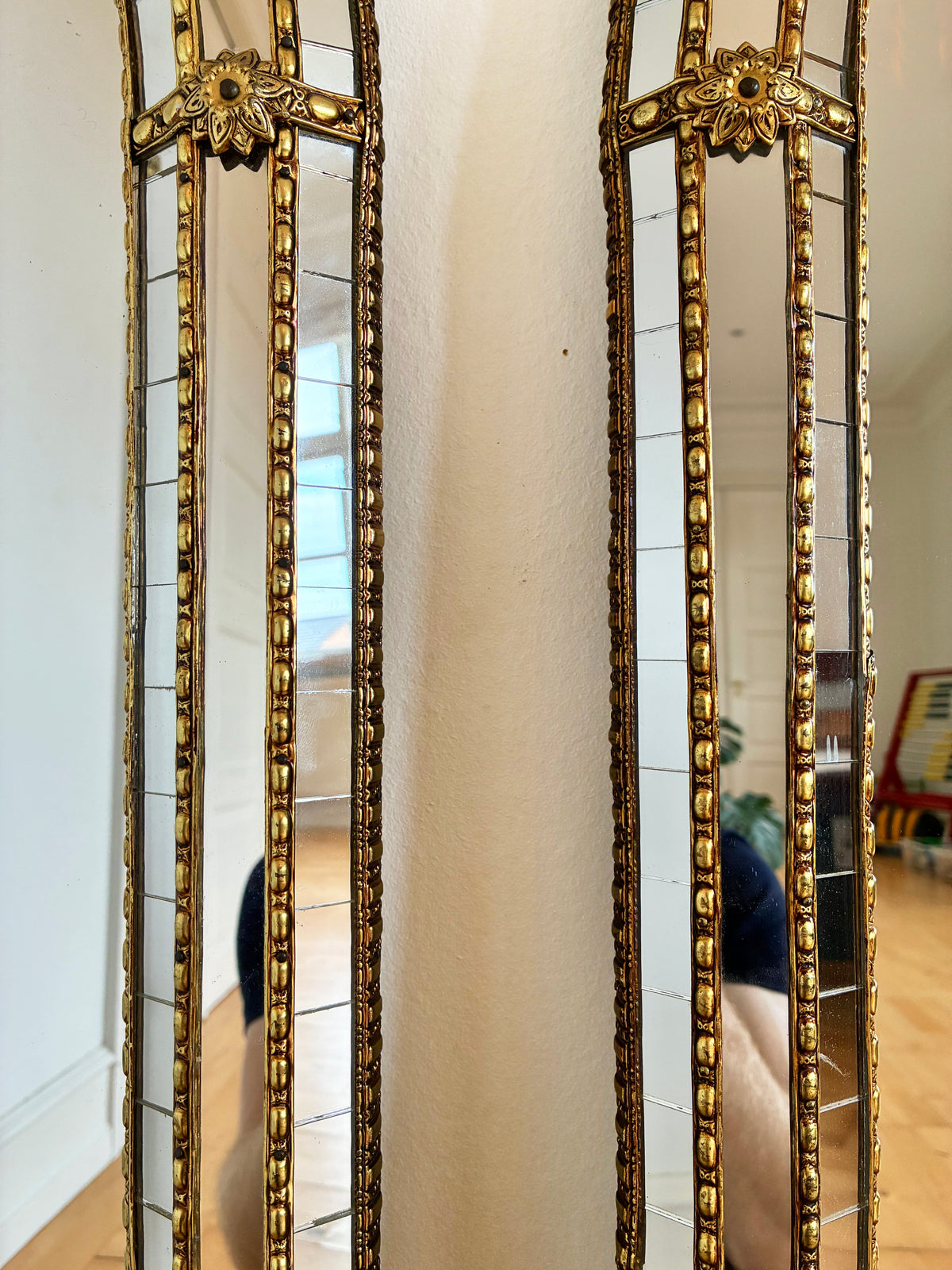 Pair of Large Vintage Spanish Venetian-Style Wall Mirrors, Brass, 1980s Hollywood Regency