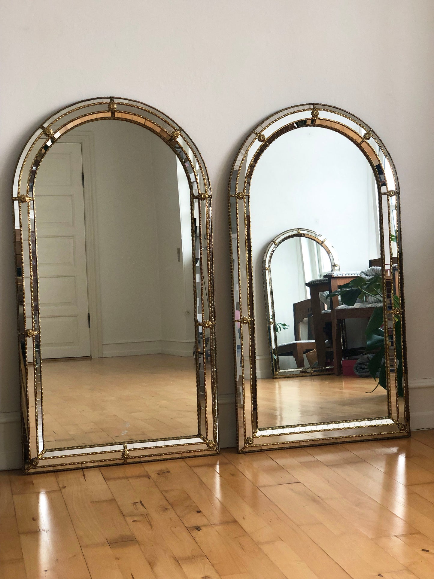 A Pair of Large Vintage Venetian Brass Mirrors – Gold Hollywood Regency, Spanish 1990s