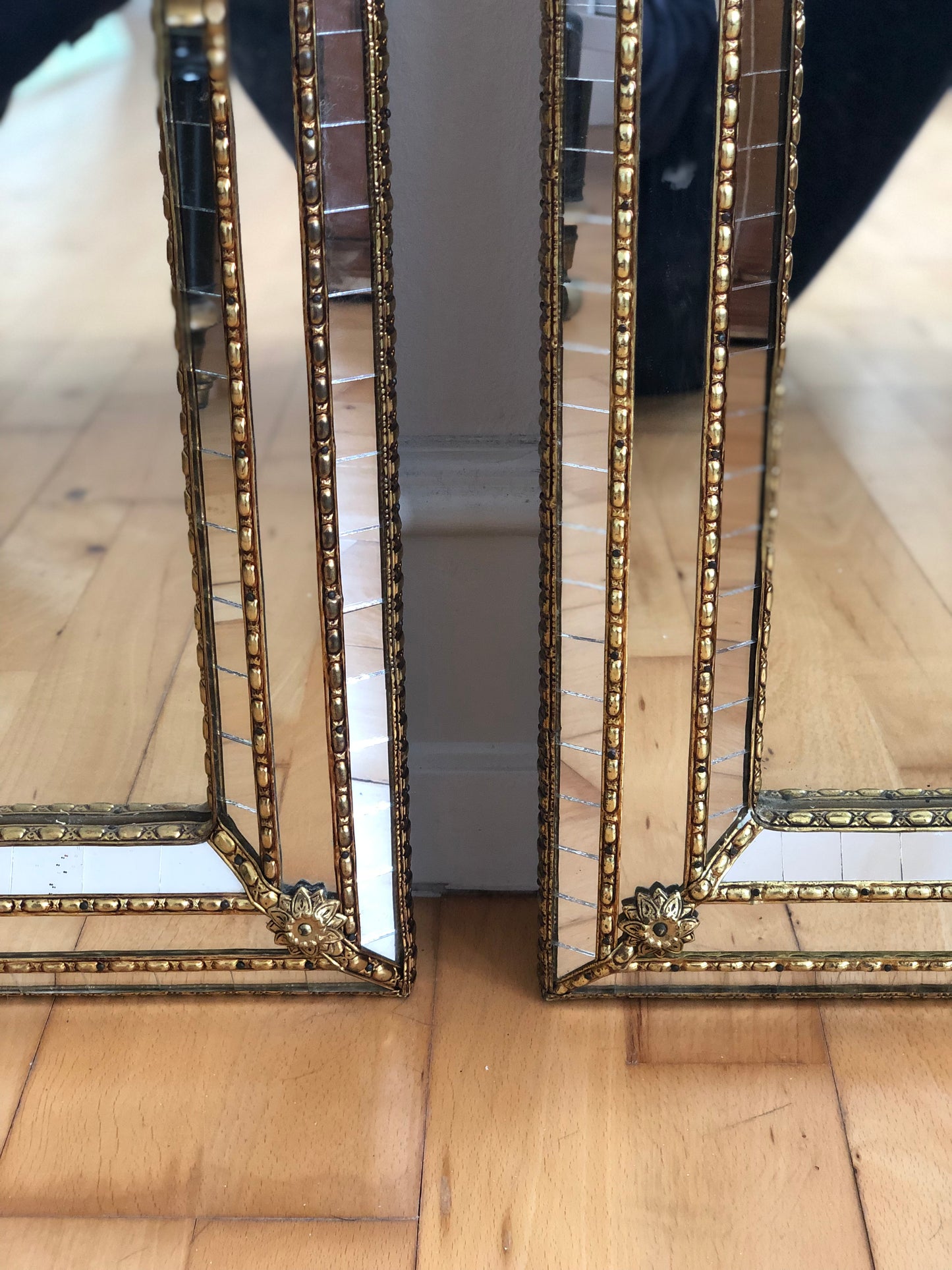 A Pair of Large Vintage Venetian Brass Mirrors – Gold Hollywood Regency, Spanish 1990s
