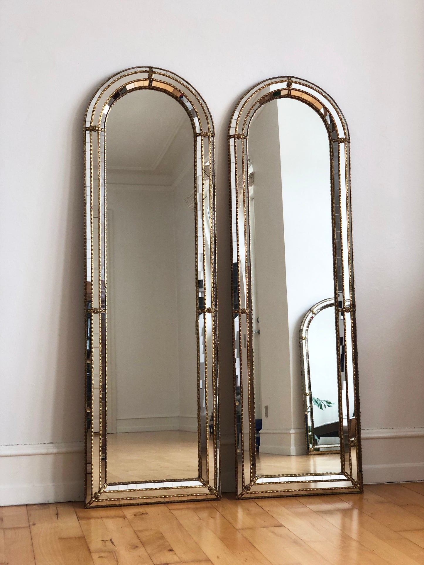 Pair of Large Vintage Venetian Full Length Brass Mirrors – Gold Hollywood Regency, Spanish 1990s