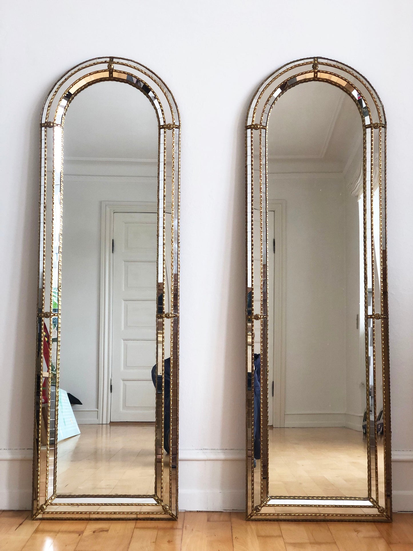 Pair of Large Vintage Venetian Full Length Brass Mirrors – Gold Hollywood Regency, Spanish 1990s