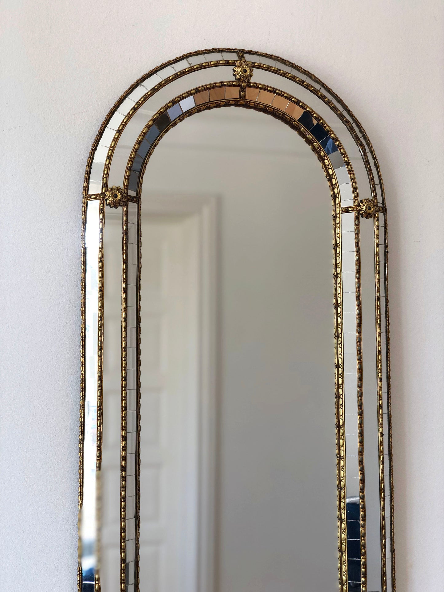 Pair of Large Vintage Venetian Full Length Brass Mirrors – Gold Hollywood Regency, Spanish 1990s