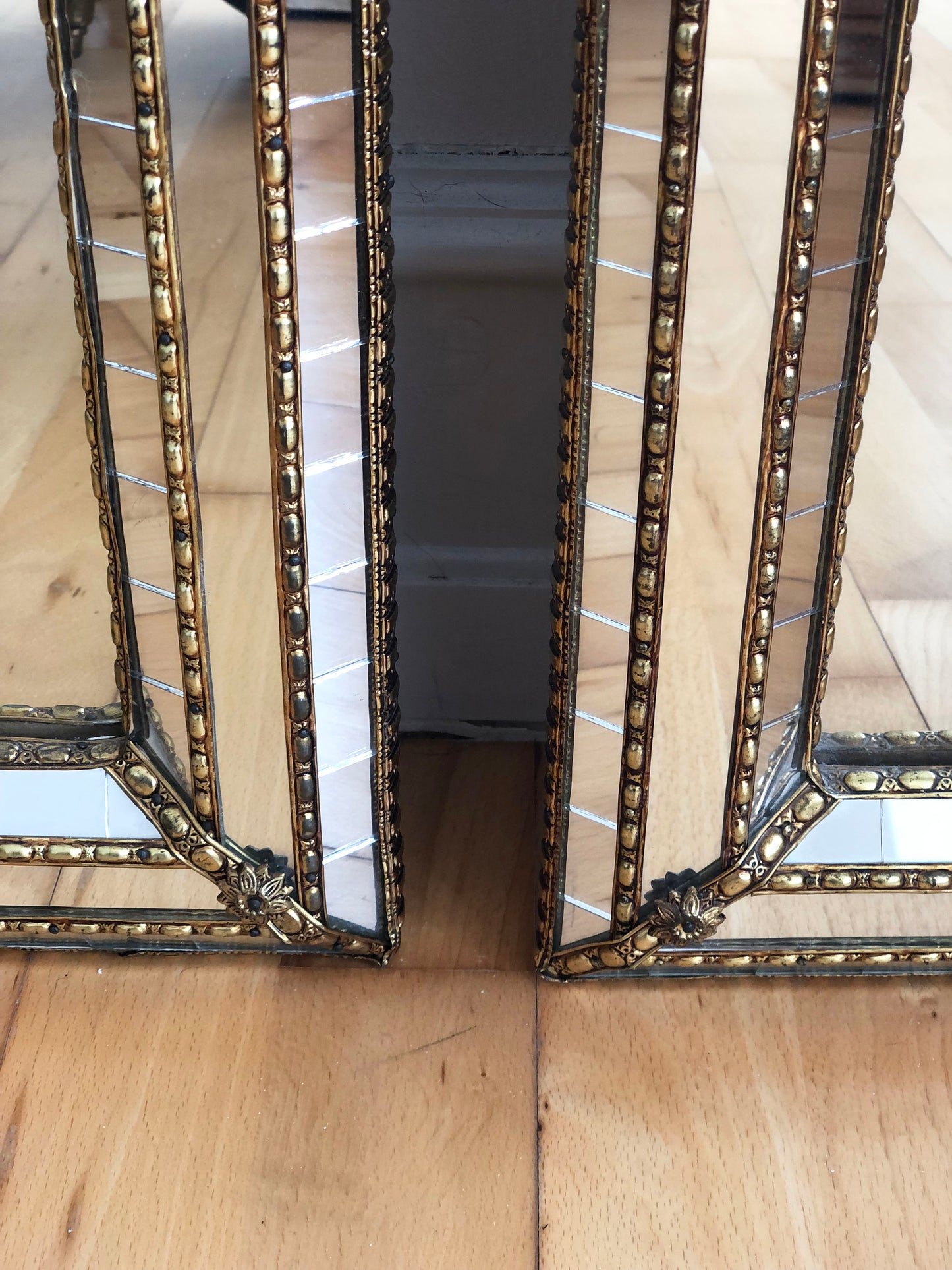 Pair of Large Vintage Venetian Full Length Brass Mirrors – Gold Hollywood Regency, Spanish 1990s