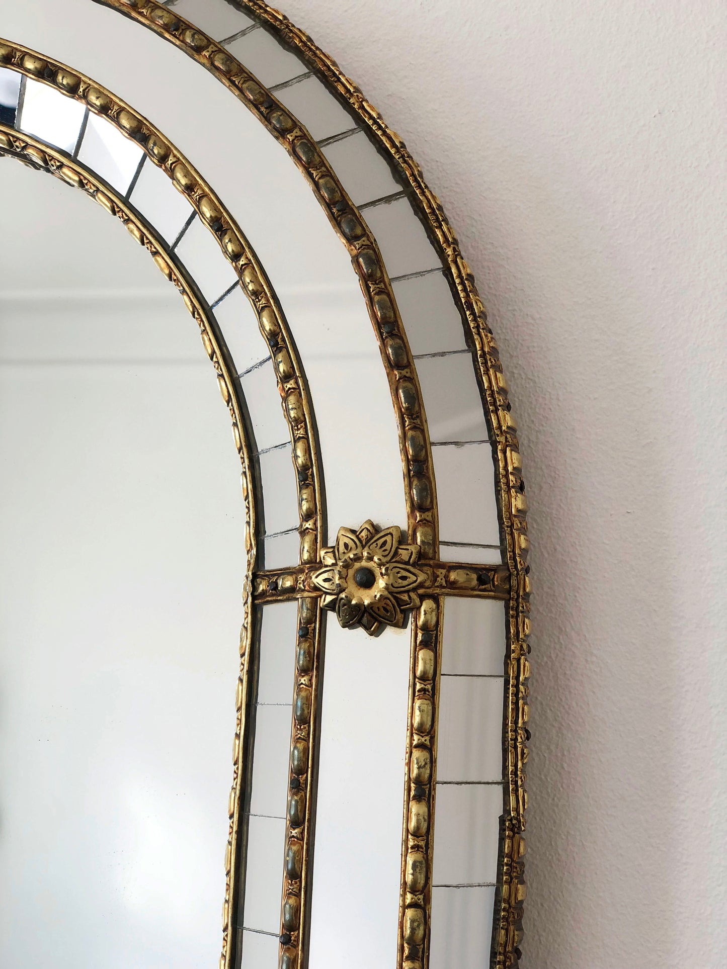 Pair of Large Vintage Venetian Full Length Brass Mirrors – Gold Hollywood Regency, Spanish 1990s