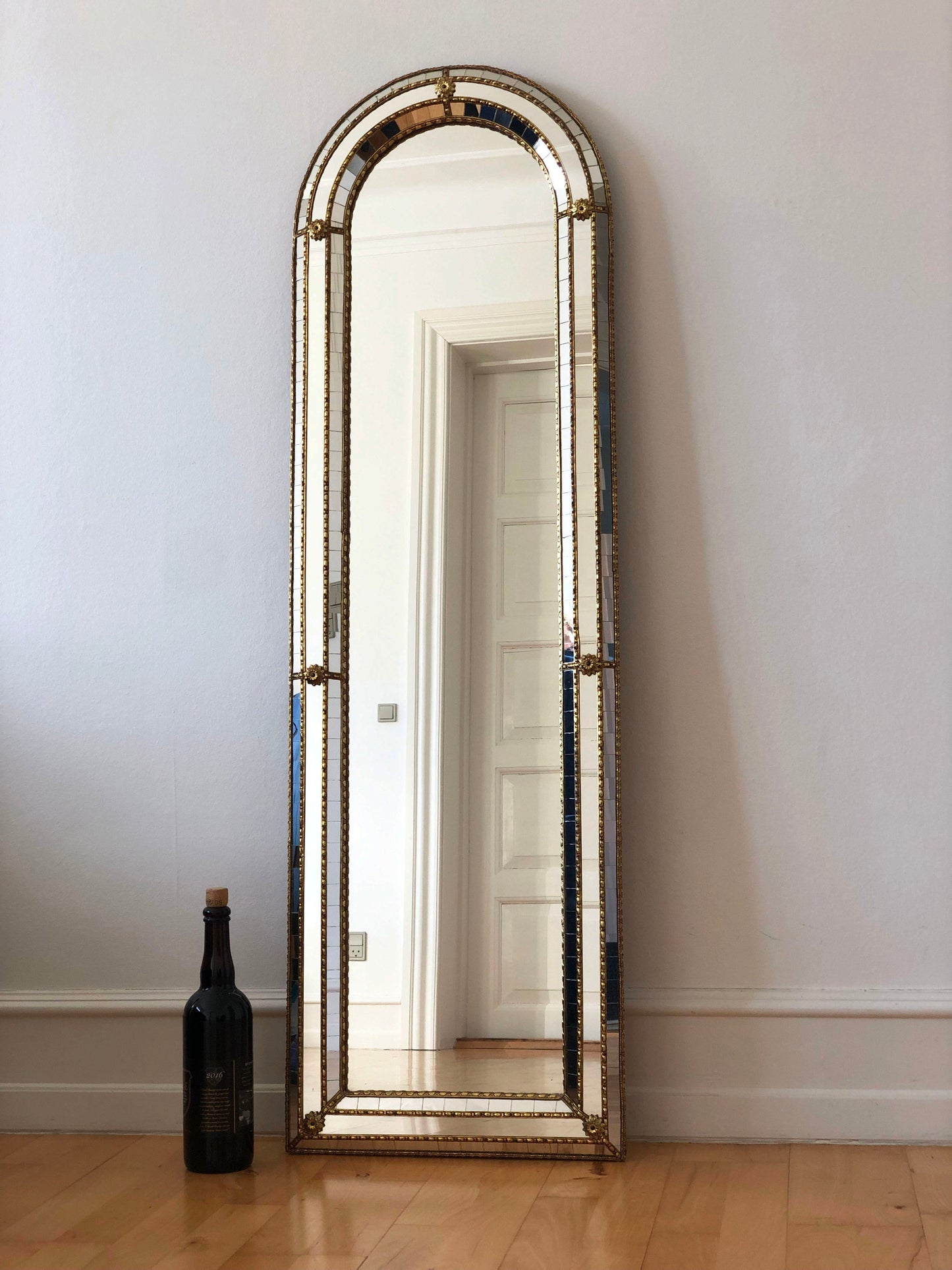 Pair of Large Vintage Venetian Full Length Brass Mirrors – Gold Hollywood Regency, Spanish 1990s