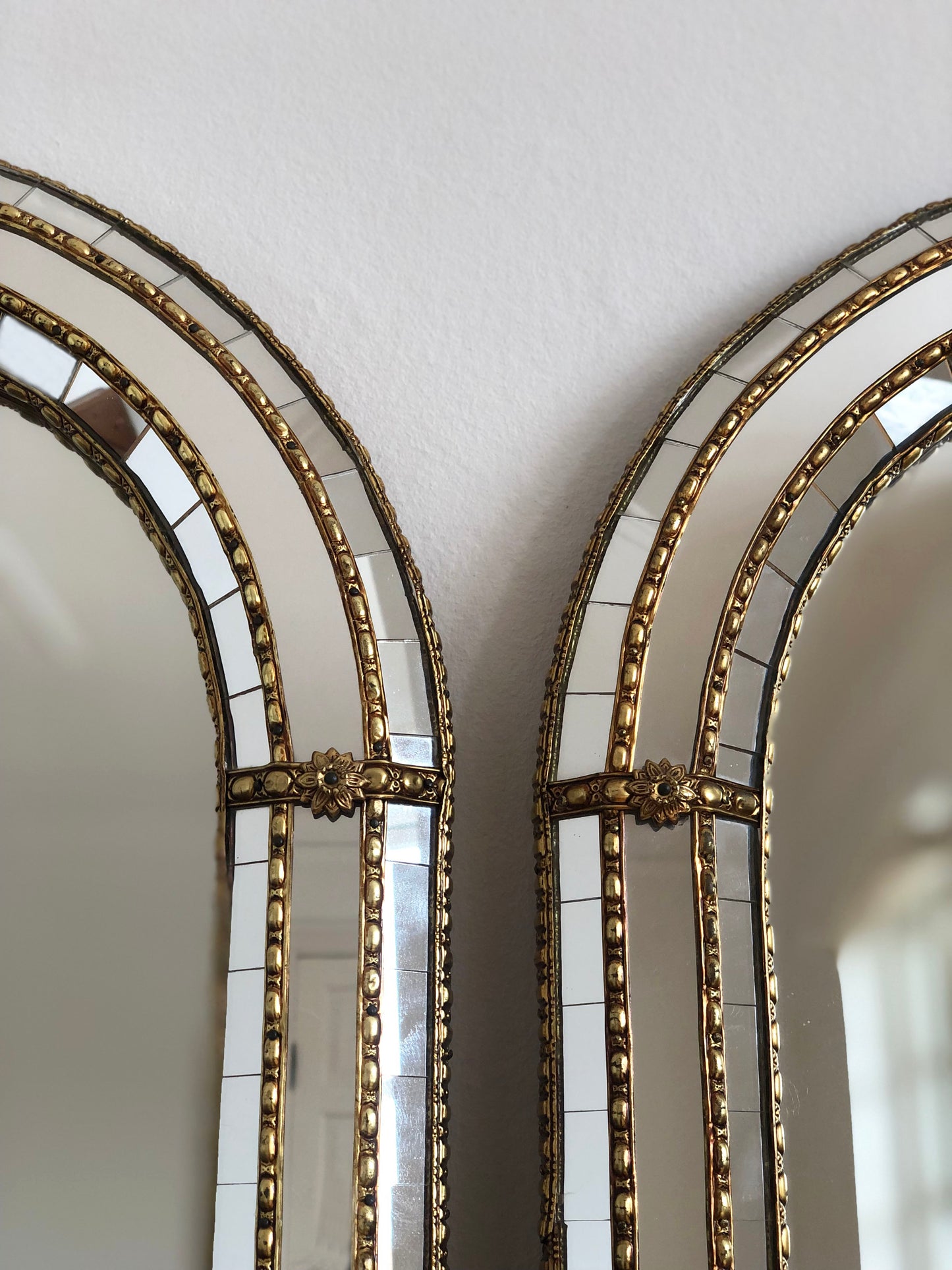 Pair of Large Vintage Venetian Full Length Brass Mirrors – Gold Hollywood Regency, Spanish 1990s