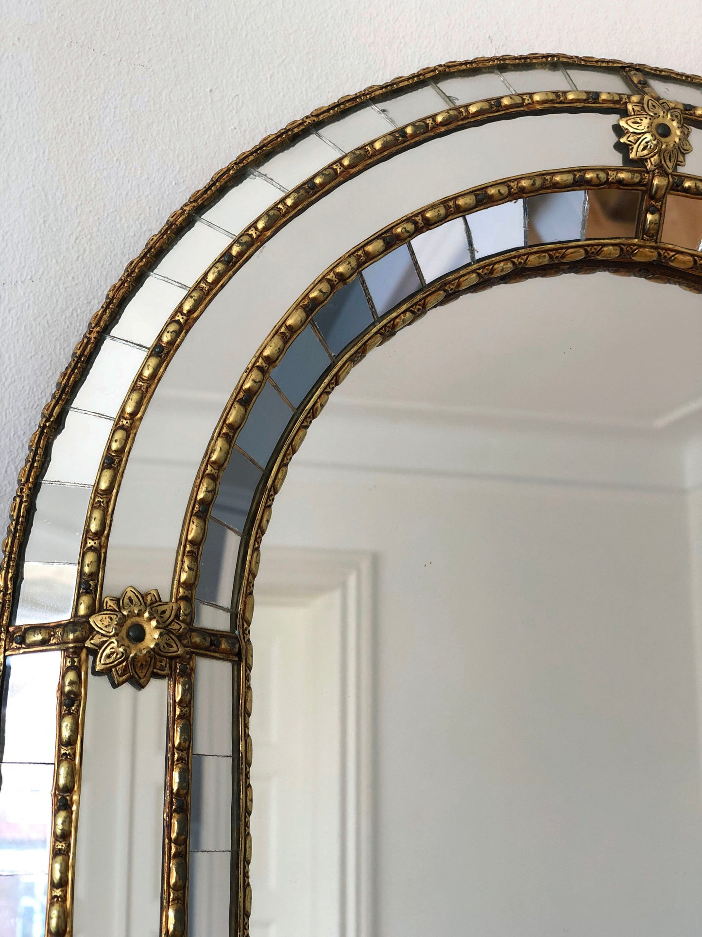Pair of Large Vintage Venetian Full Length Brass Mirrors – Gold Hollywood Regency, Spanish 1990s