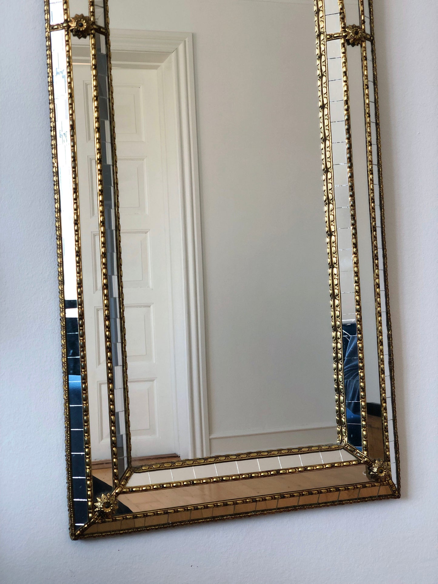 Pair of Large Vintage Venetian Full Length Brass Mirrors – Gold Hollywood Regency, Spanish 1990s
