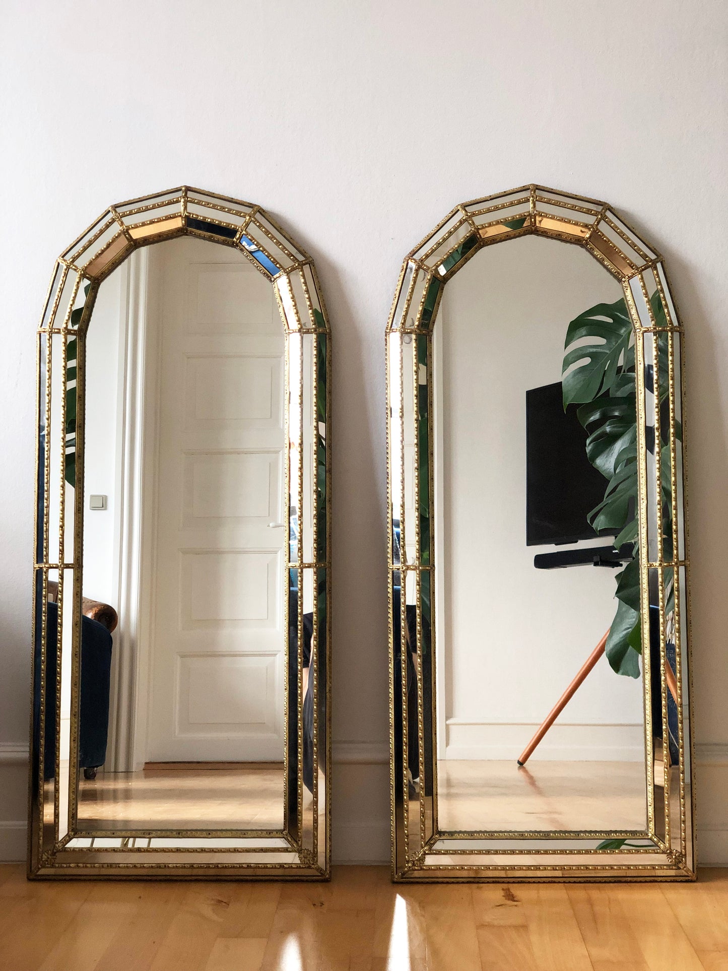 Pair of Large Vintage Venetian Full Length Hollywood Regency Mirror in Gold Spain 1990s