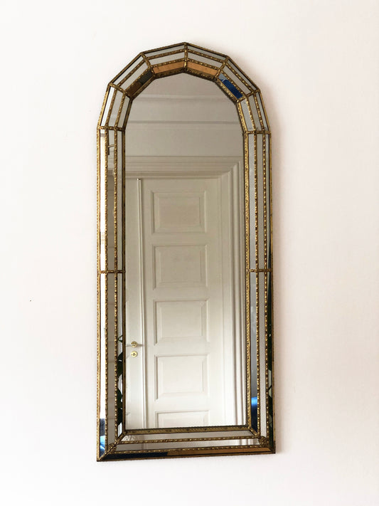 Large Vintage Venetian Full Length Brass Mirror – Gold Hollywood Regency, Spanish 1990s