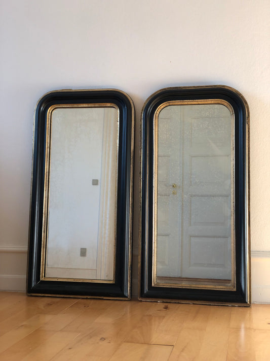 Pair of Antique Louis Philippe Full Length Mirrors in Black and Gold France Late 19th Century