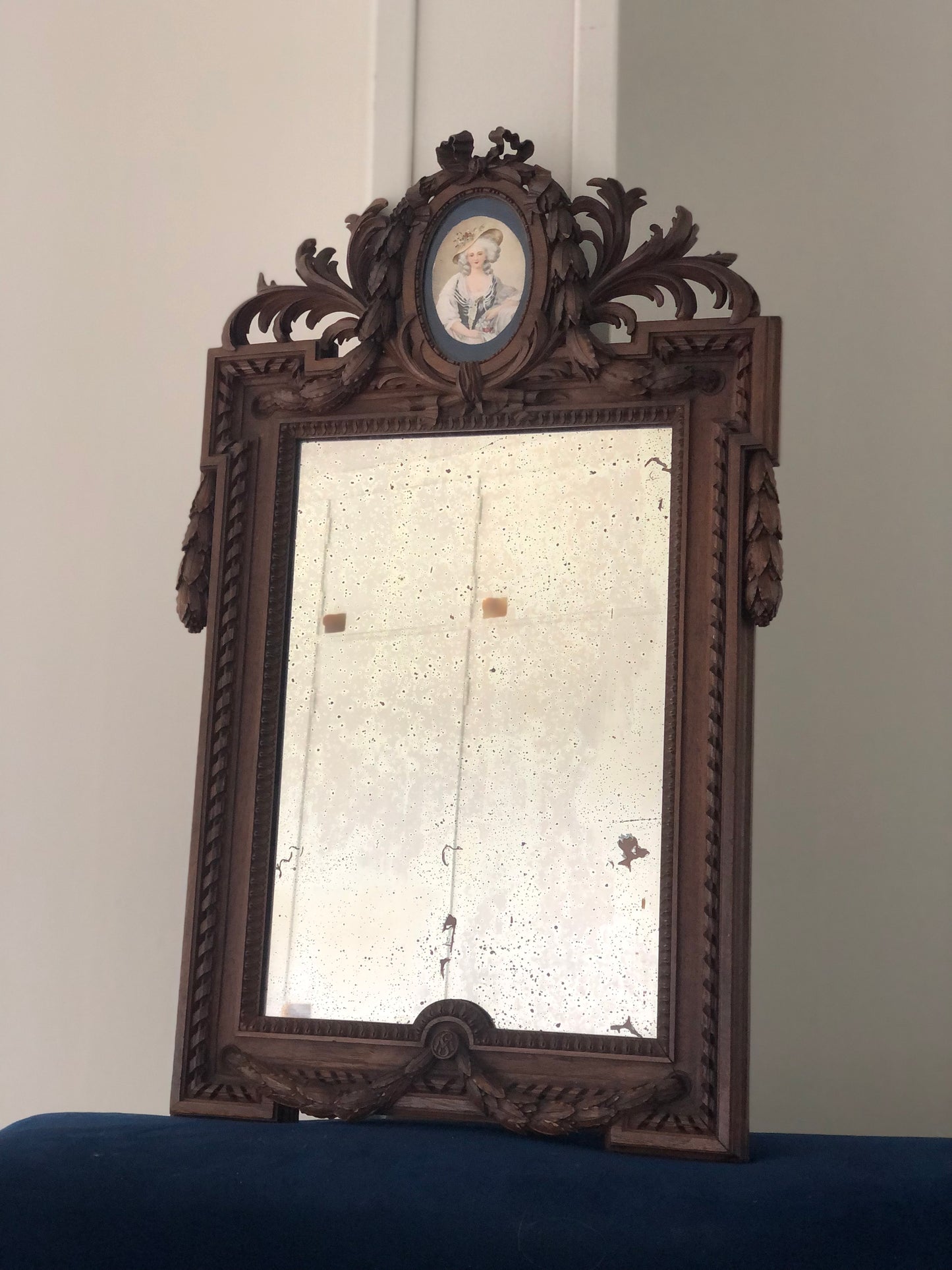 Richly Carved Mahogany Napoleon III Mirror Verre Eglomise Late 19th Century