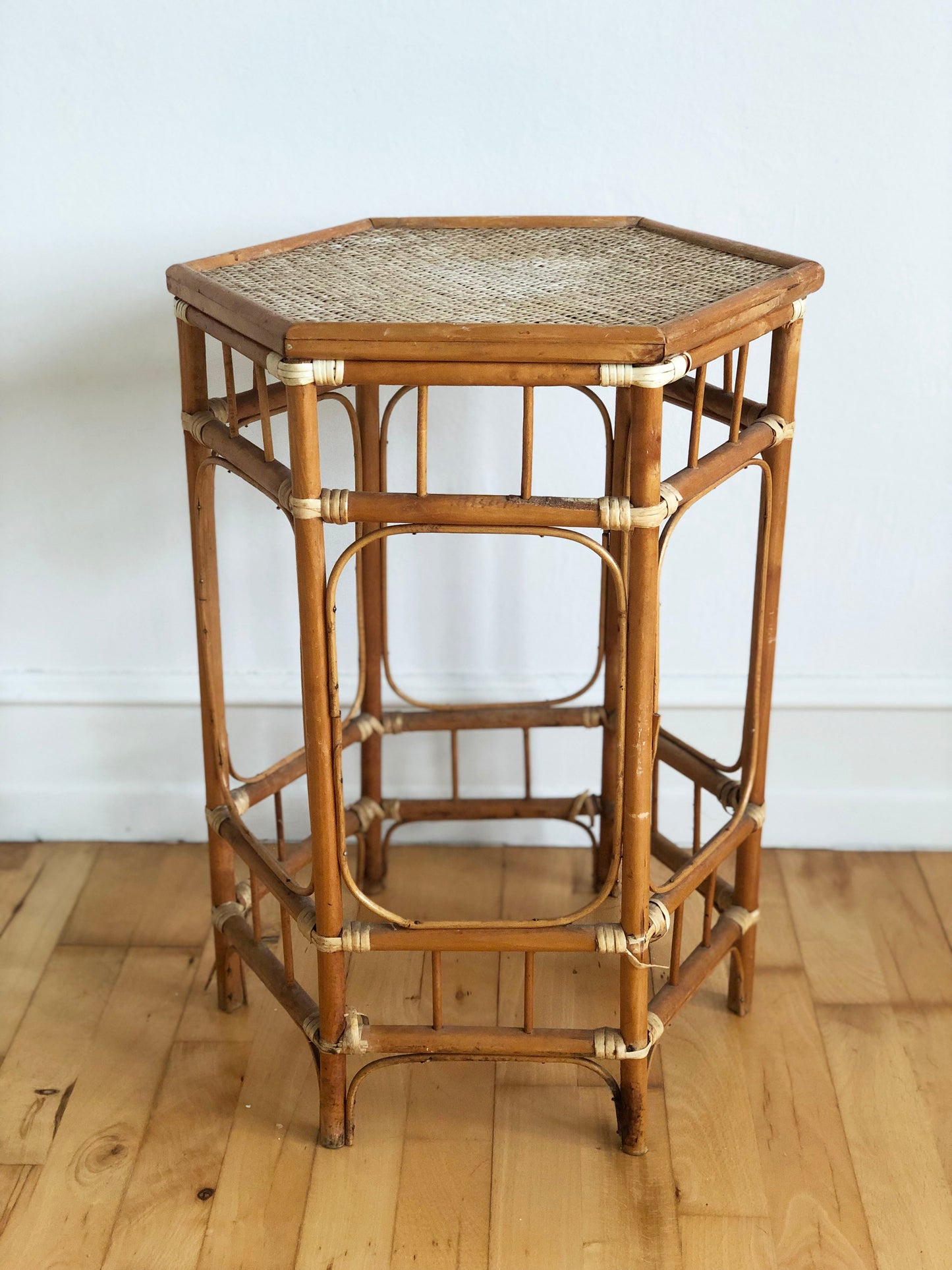 Vintage Bamboo Boho Plant Stand or Side Table, 1970s