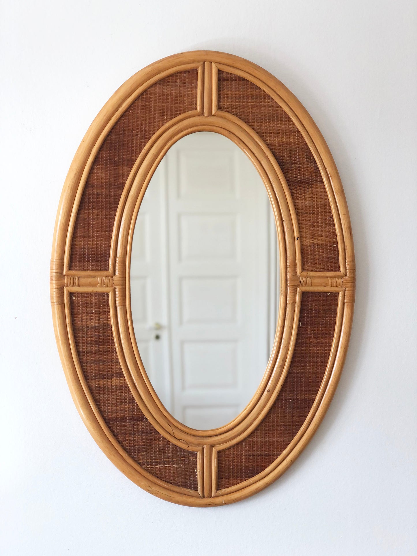 Vintage Bohemian Oval Rattan Wall Mirror with Cane Webbing 1970s