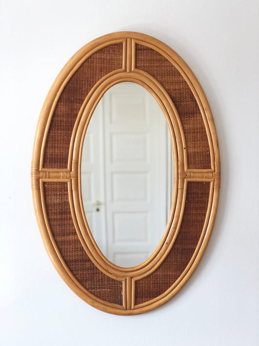 Vintage Bohemian Oval Rattan Wall Mirror with Cane Webbing 1970s