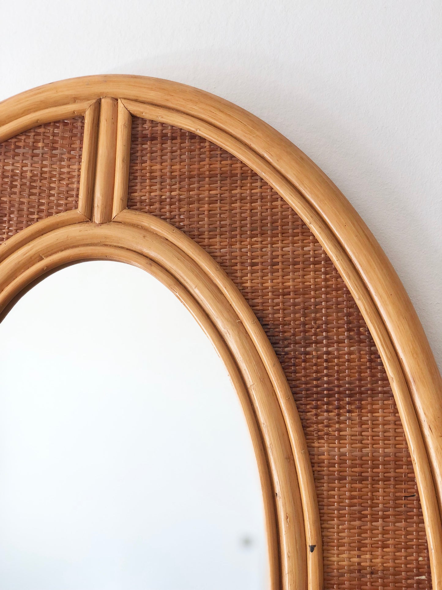 Vintage Bohemian Oval Rattan Wall Mirror with Cane Webbing 1970s