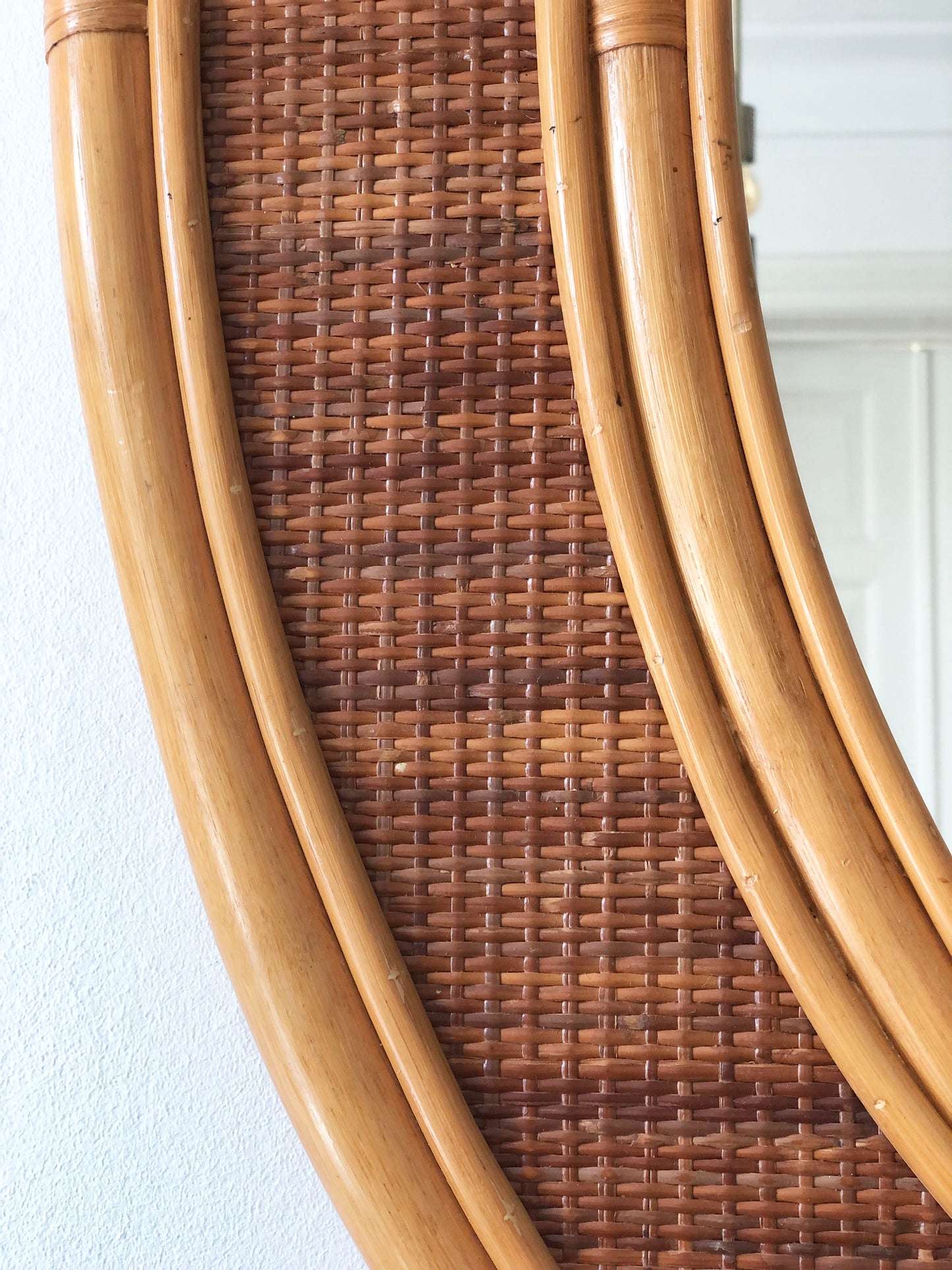 Vintage Bohemian Oval Rattan Wall Mirror with Cane Webbing 1970s