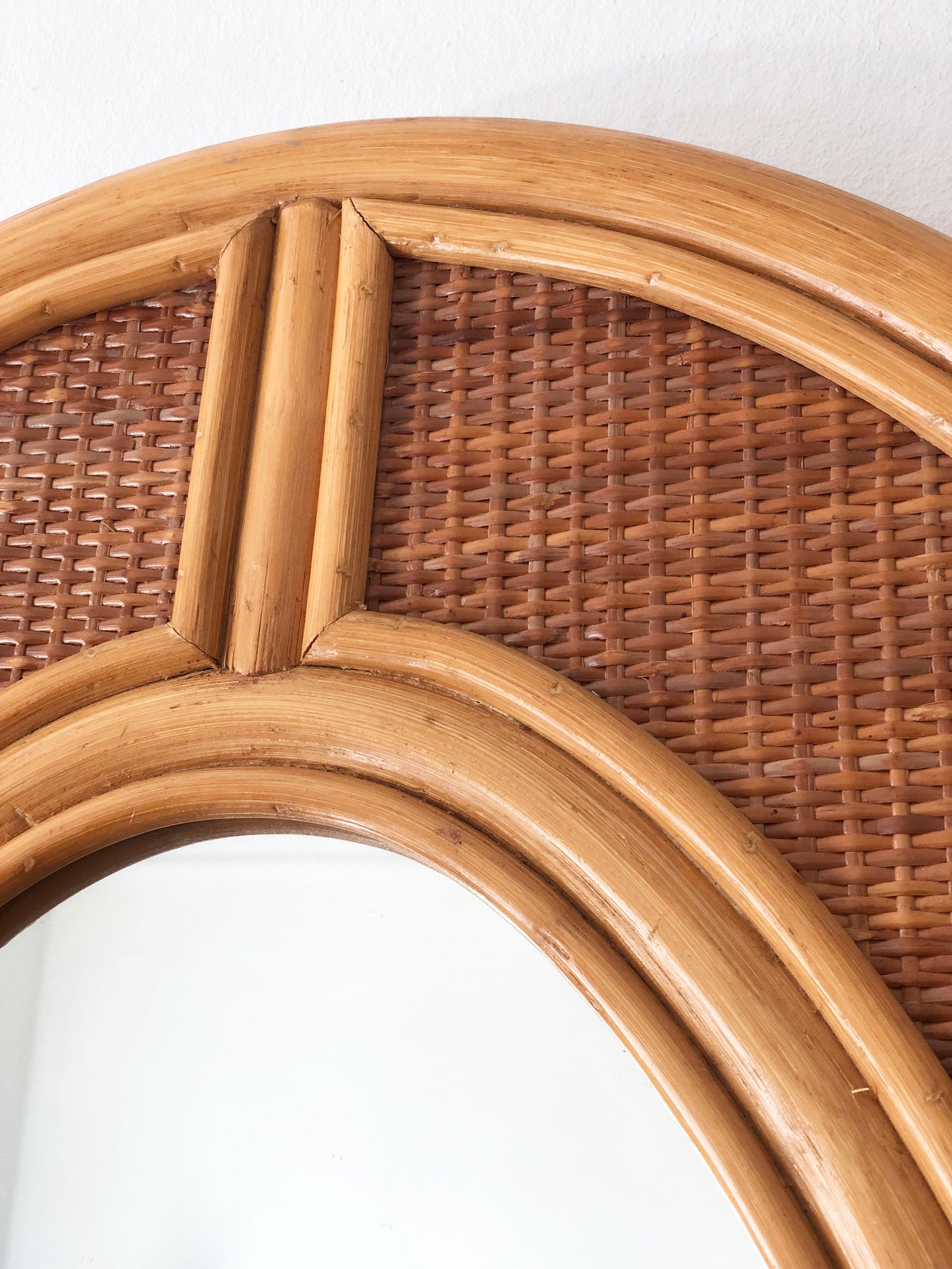 Vintage Bohemian Oval Rattan Wall Mirror with Cane Webbing 1970s