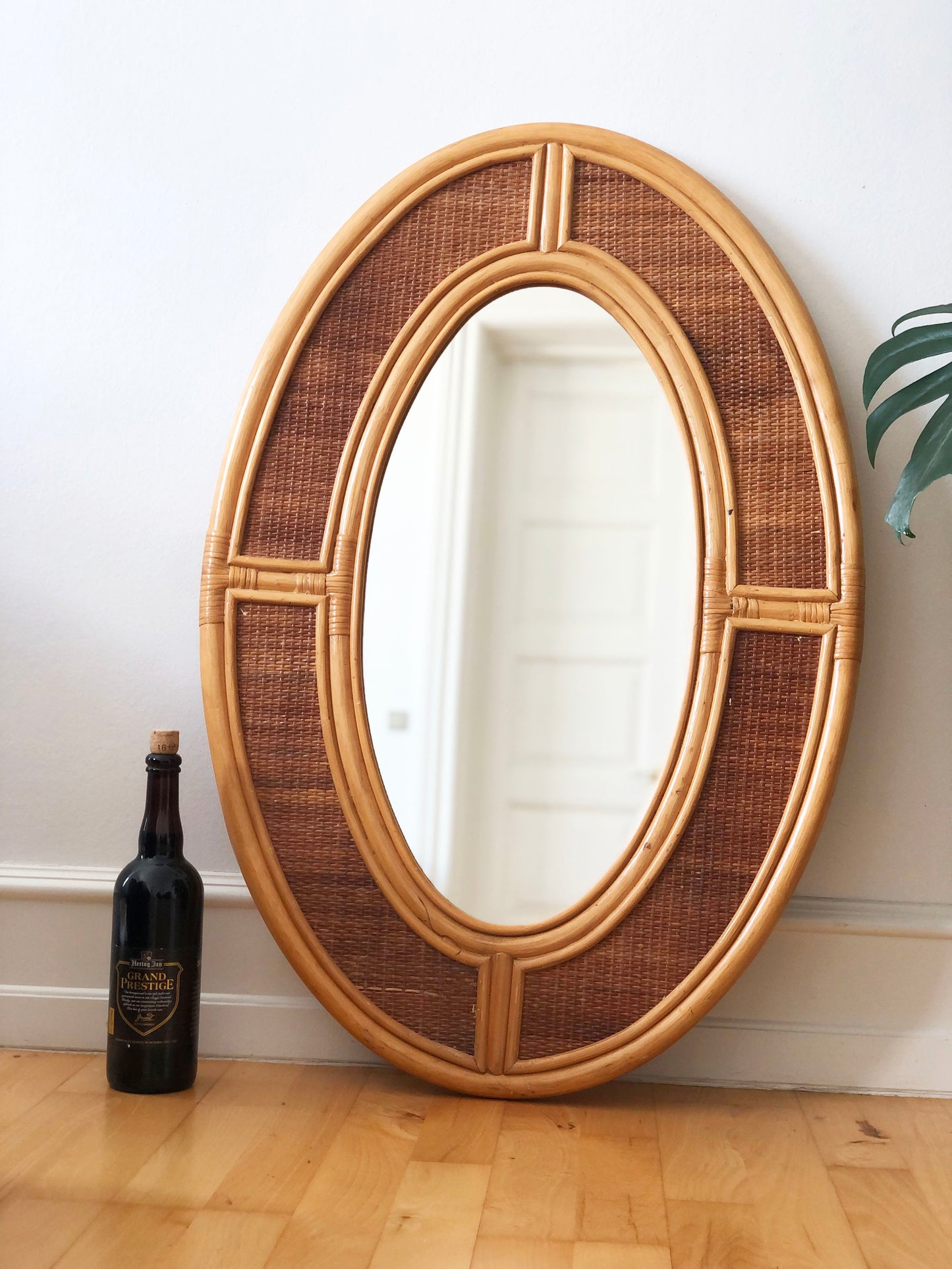 Vintage Bohemian Oval Rattan Wall Mirror with Cane Webbing 1970s