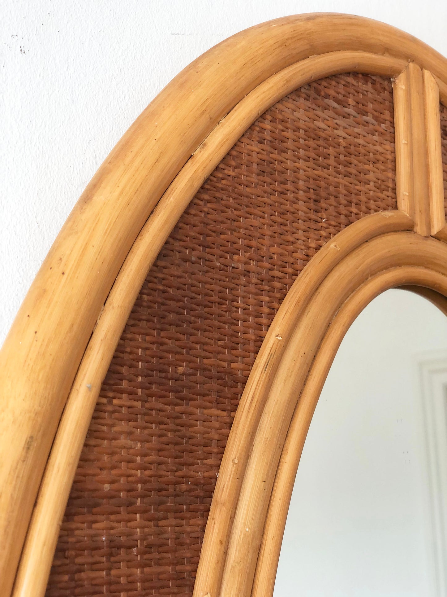 Vintage Bohemian Oval Rattan Wall Mirror with Cane Webbing 1970s