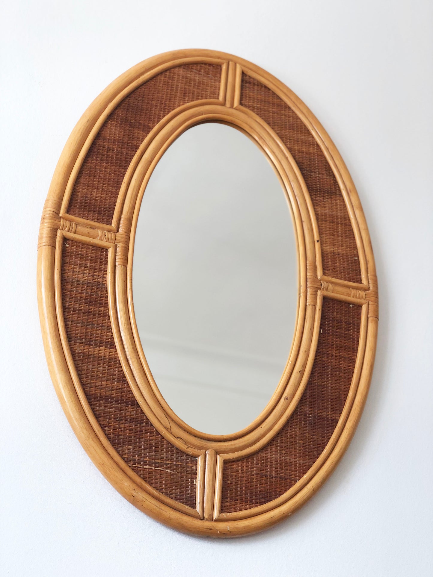 Vintage Bohemian Oval Rattan Wall Mirror with Cane Webbing 1970s