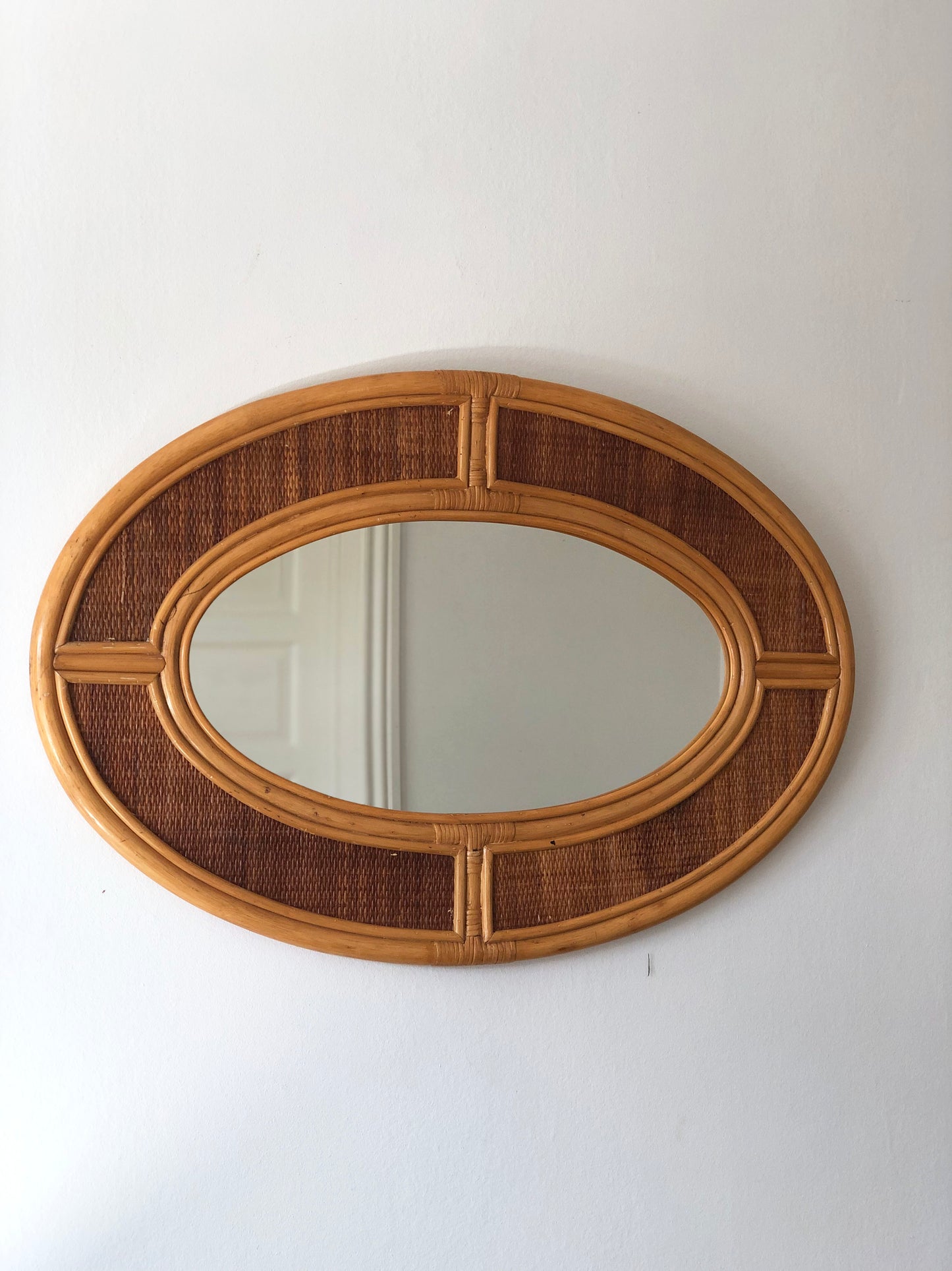 Vintage Bohemian Oval Rattan Wall Mirror with Cane Webbing 1970s
