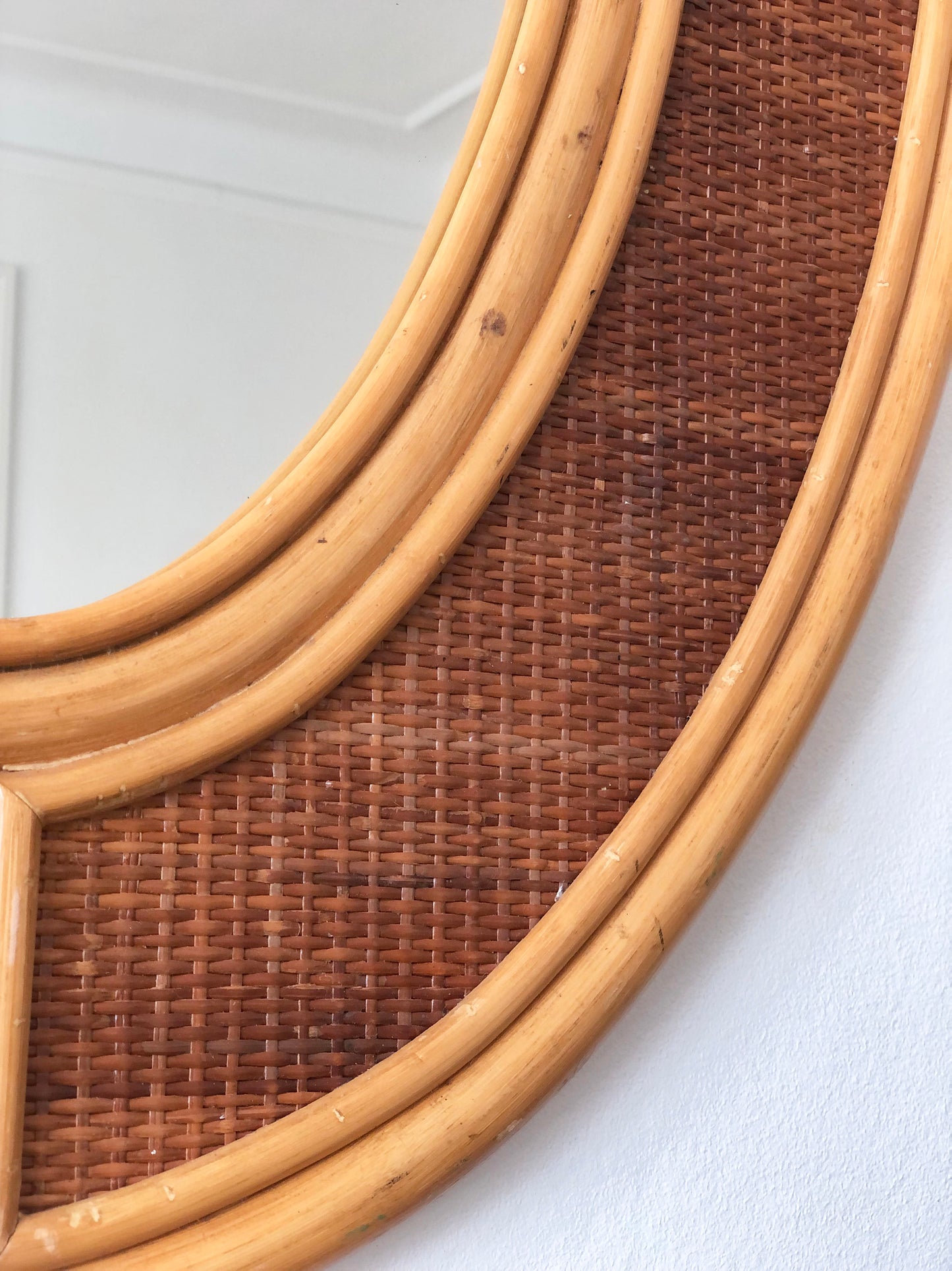 Vintage Bohemian Oval Rattan Wall Mirror with Cane Webbing 1970s