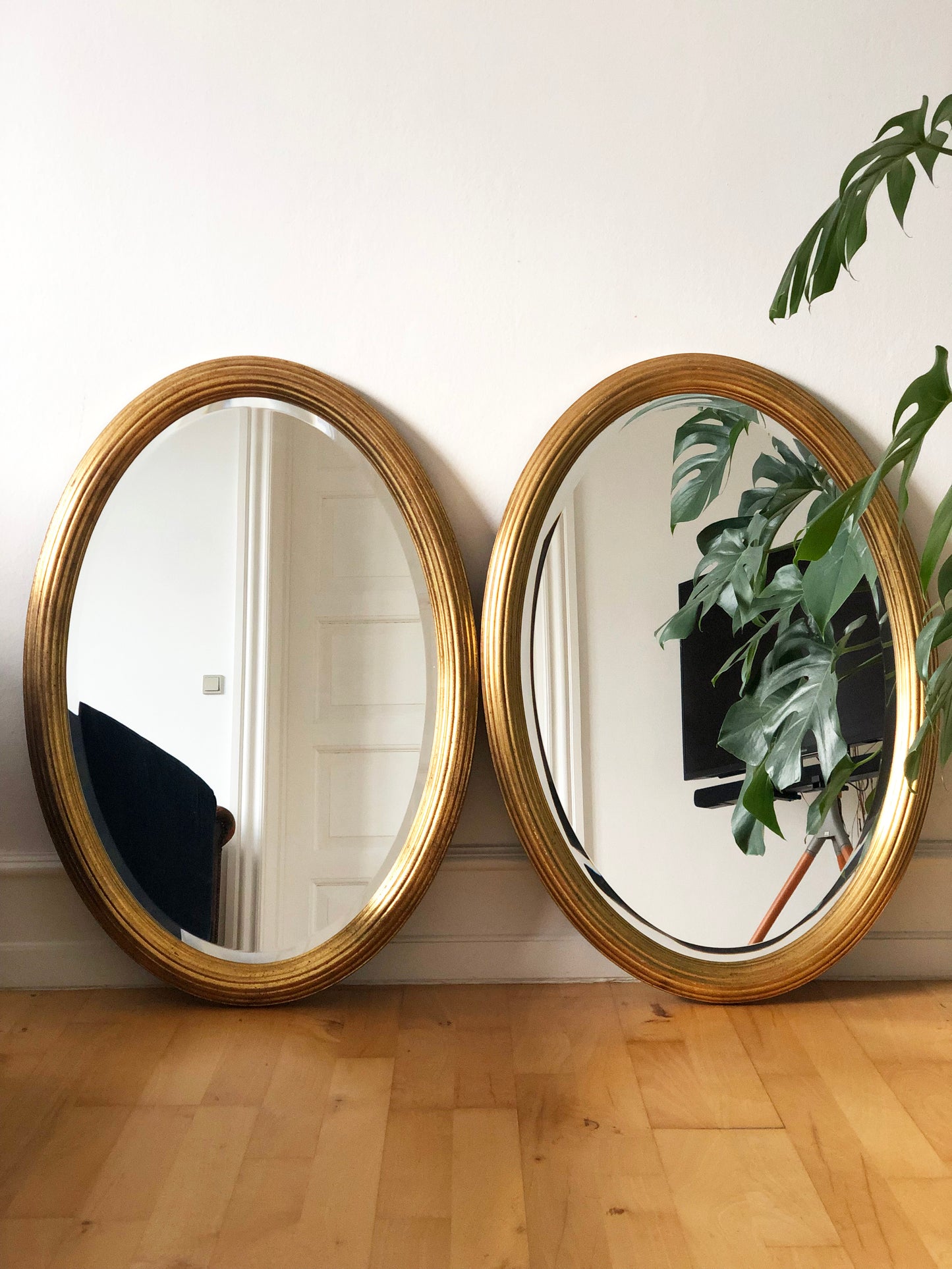 Pair of Vintage Deknudt Oval Giltwood Mirrors Hollywood Regency Belgium