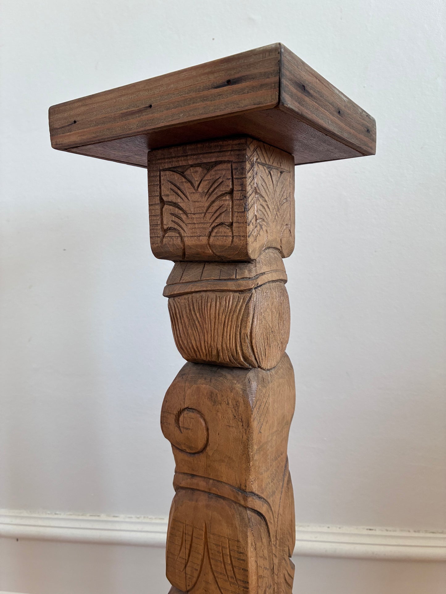 Vintage Folk Art Carved Wooden Plant Stand