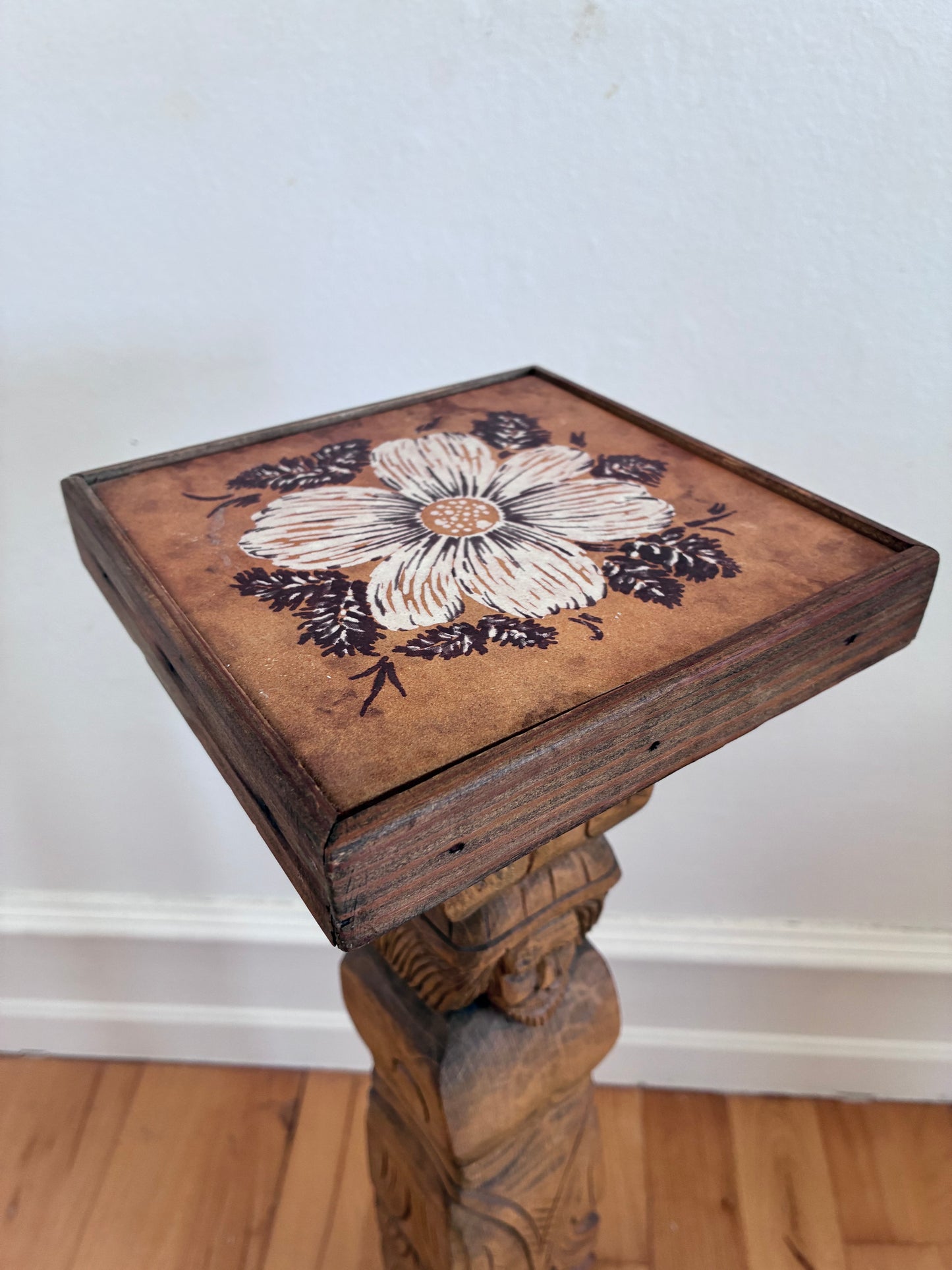Vintage Folk Art Carved Wooden Plant Stand