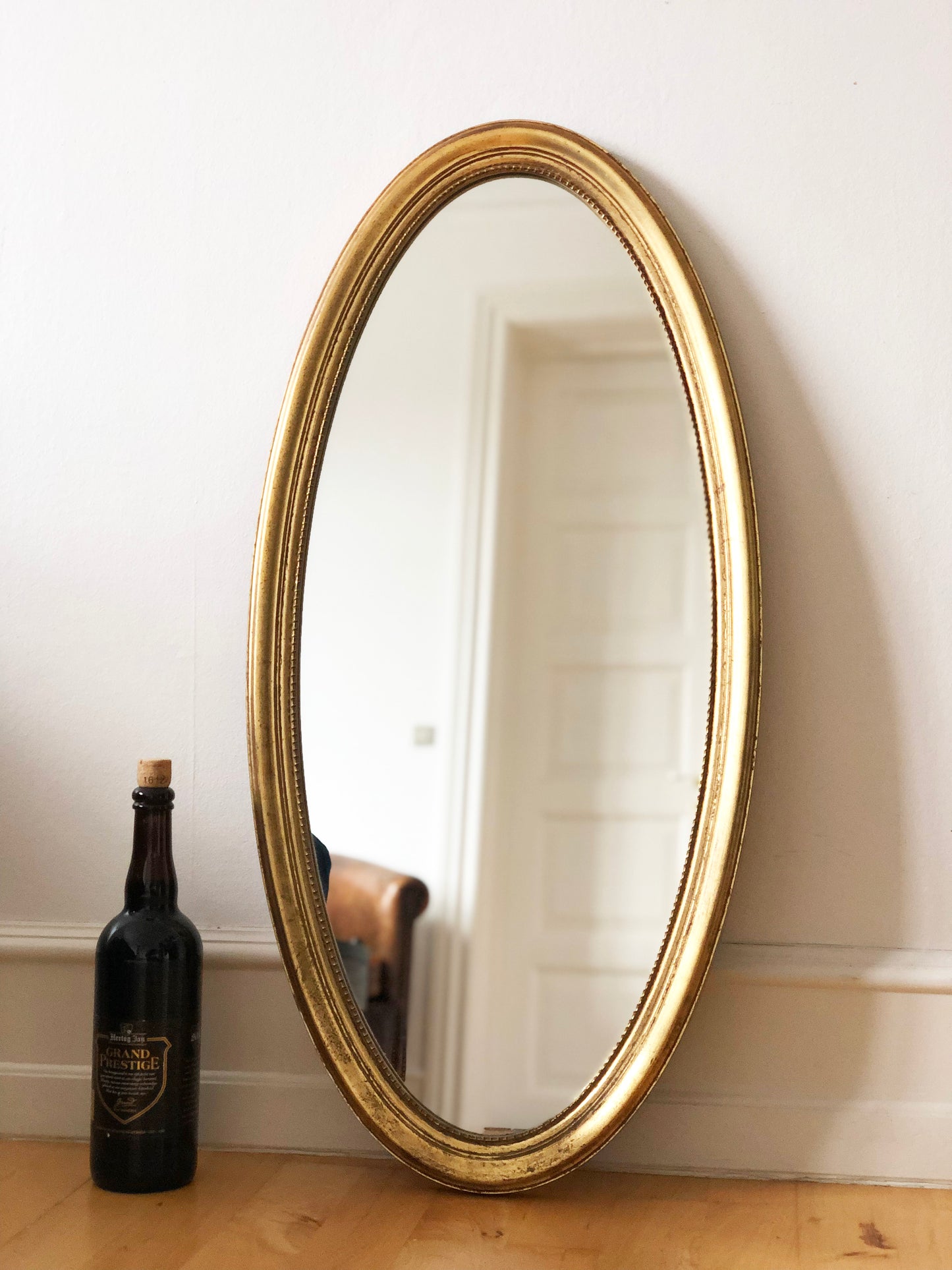 Vintage Full-Length Oval Wall Giltwood Mirror by Deknudt Belgium 1970s