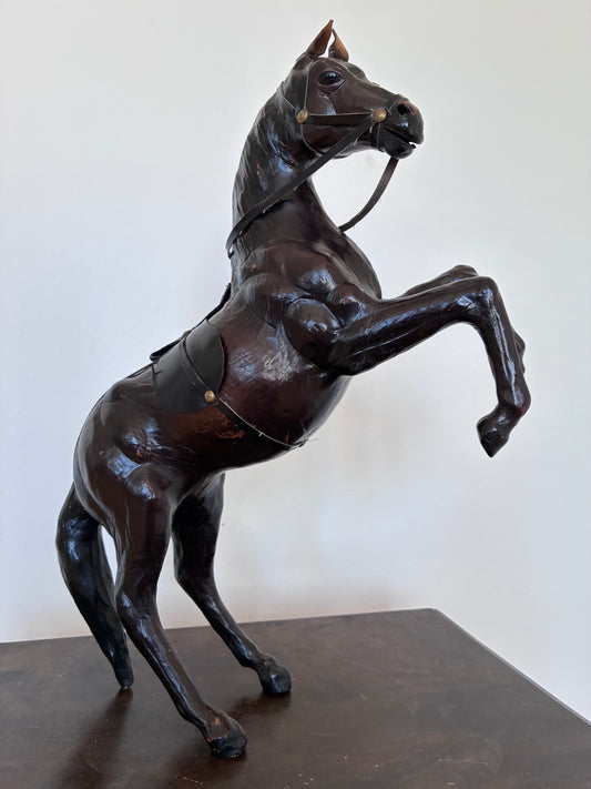 VIntage Handcrafted Leather Horse Statue with Brass Appointments